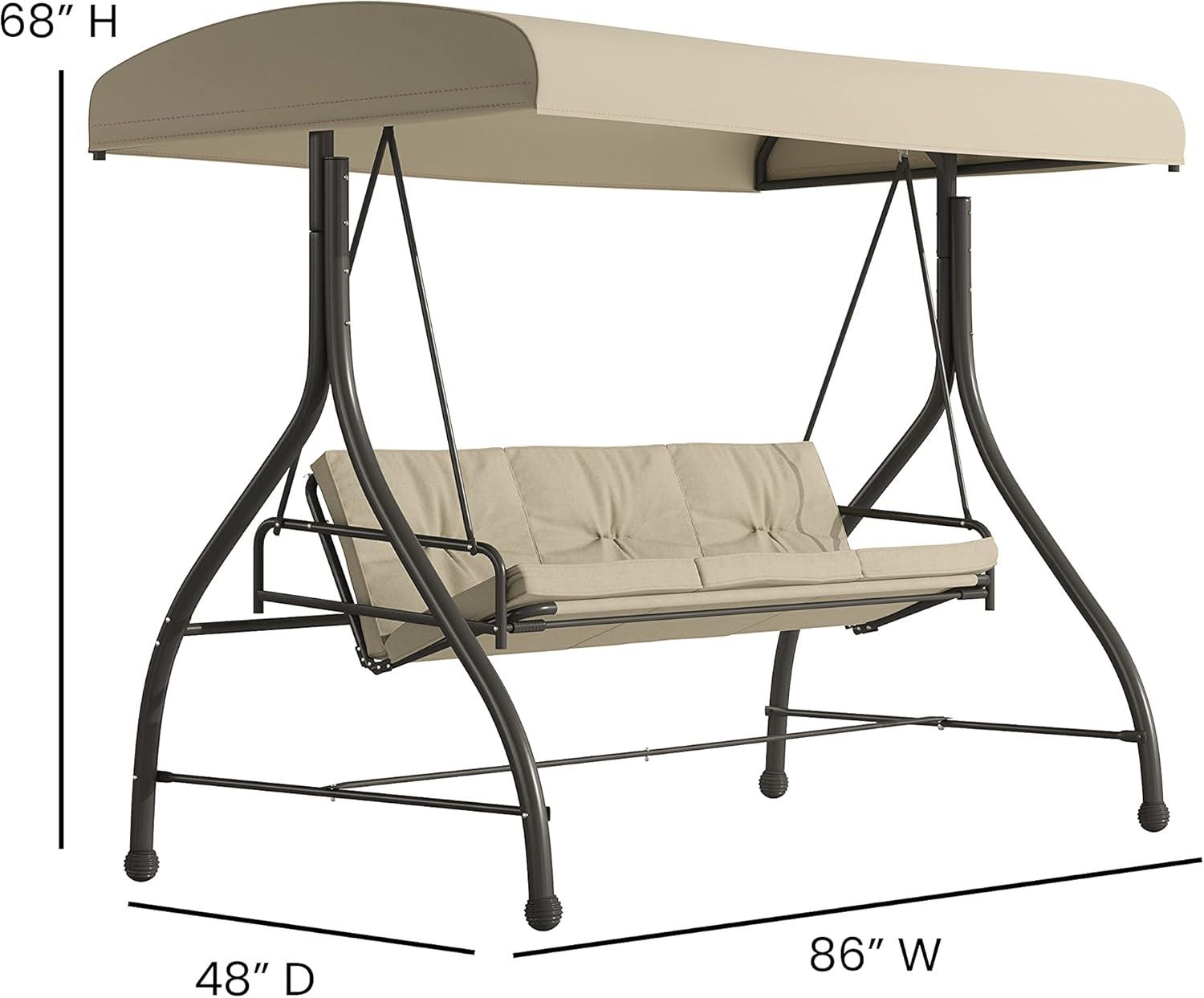 Flash Furniture 3-Seat Outdoor Steel Converting Patio Swing Canopy Hammock with Cushions / Outdoor Swing Bed (Tan)