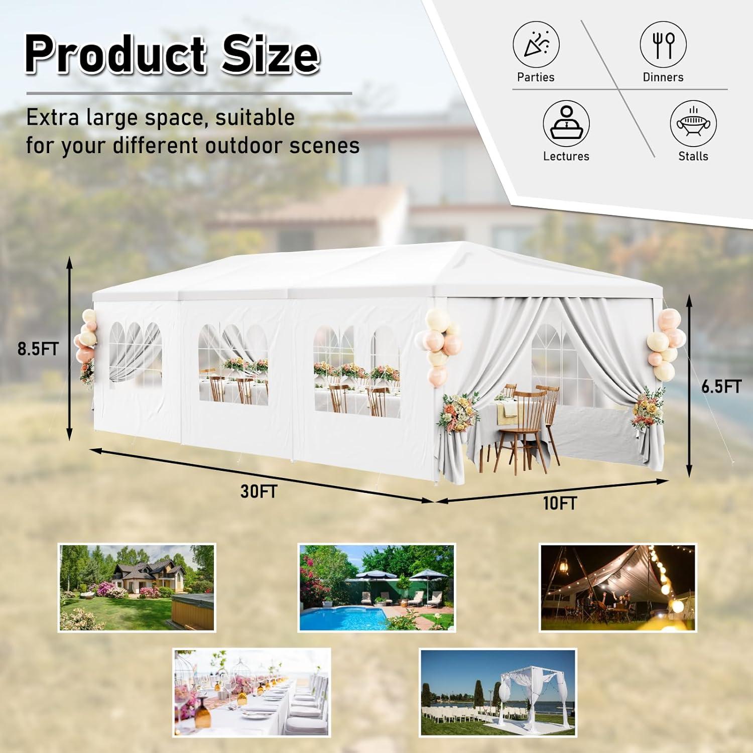 HomGarden 10x30FT Outdoor Gazebo Canopy Wedding Party Tent Shelter Pavilion W/ 8 Removable Sidewalls & Windows for Cater Events, White