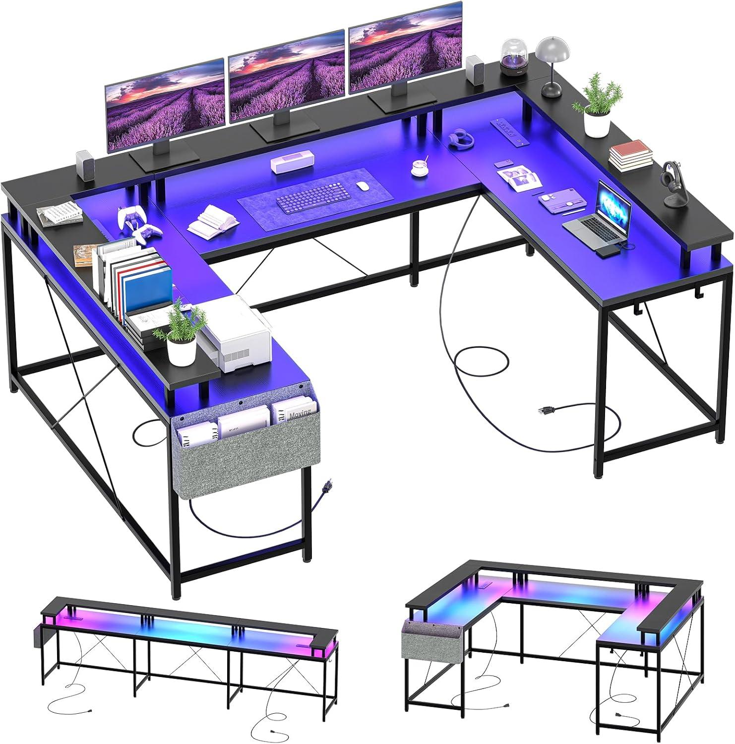 Jojoka U Shaped Computer Gaming Desk with LED Light & Power Outlets, Reversible 78.8" Large PC Desk with Monitor Stand & Storage Bag, Home Office Desk, Study Desk, Writing Desk, Workstation, Black