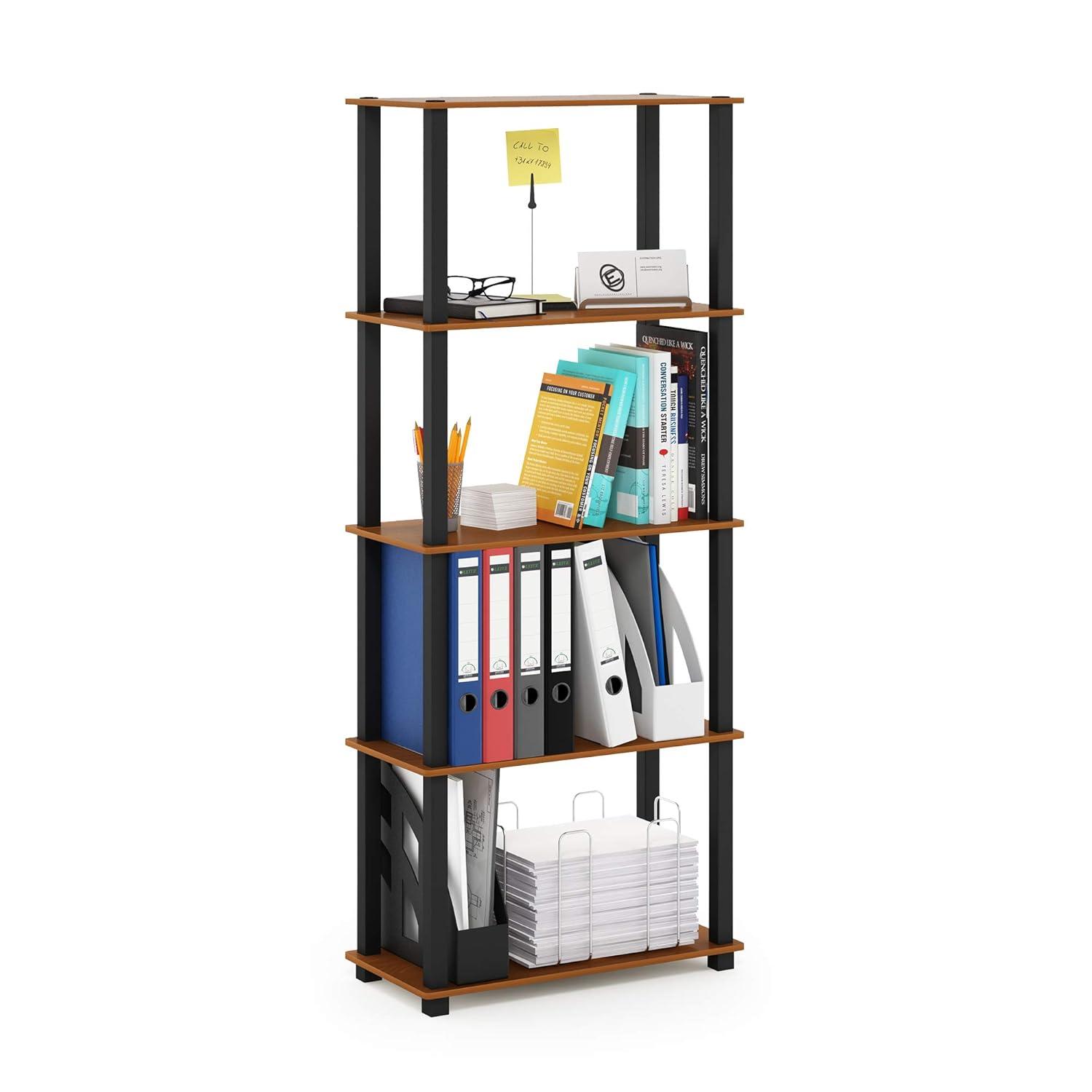 Furinno 5-Tier Tall Decorative Bookshelf Storage Bookcase Open Multipurpose Shelves Display Rack for Living Room&Home Office,Light Cherry/Black