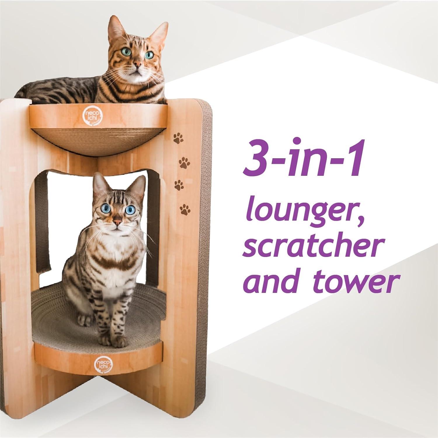 Necoichi Cat Scratcher Tower for Indoor Cats - Cat Scratching Post Lounger with Reversible Usability and Extra Comfort for Lounge, Cardboard Bed Couch / (Regular, Oak)