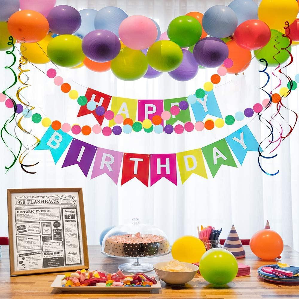 Rainbow Birthday Decorations Set - Happy Birthday Banner with Pom Poms and Swirl Streamers