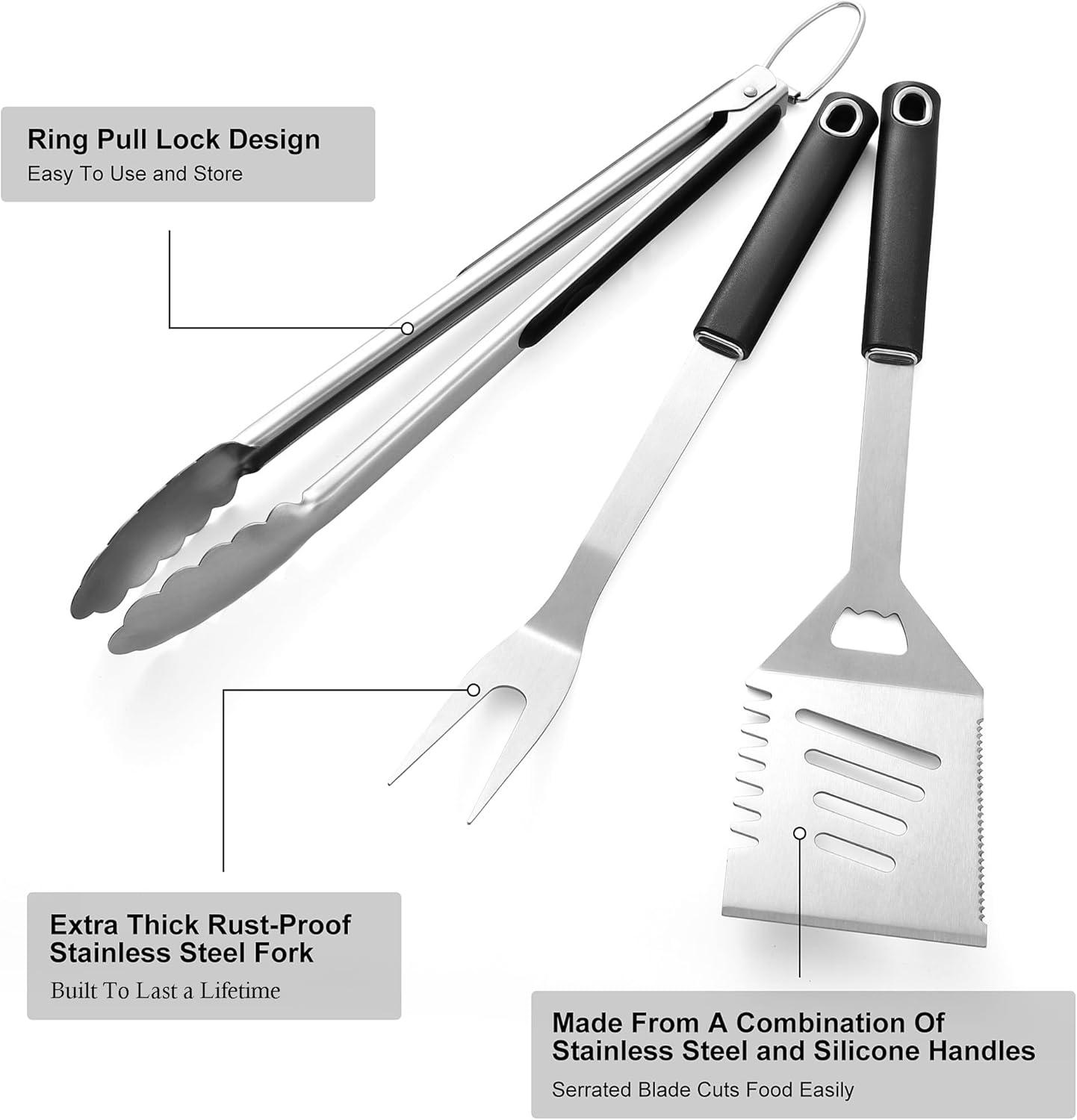 Griddle Accessories Kit - Grilling Accessories, Stainless Steel Heavy Duty Grill Tools Set with Spatula, Fork, Tongs and Gift-Box for Outdoor Barbecue, Home Grill (3PCS)
