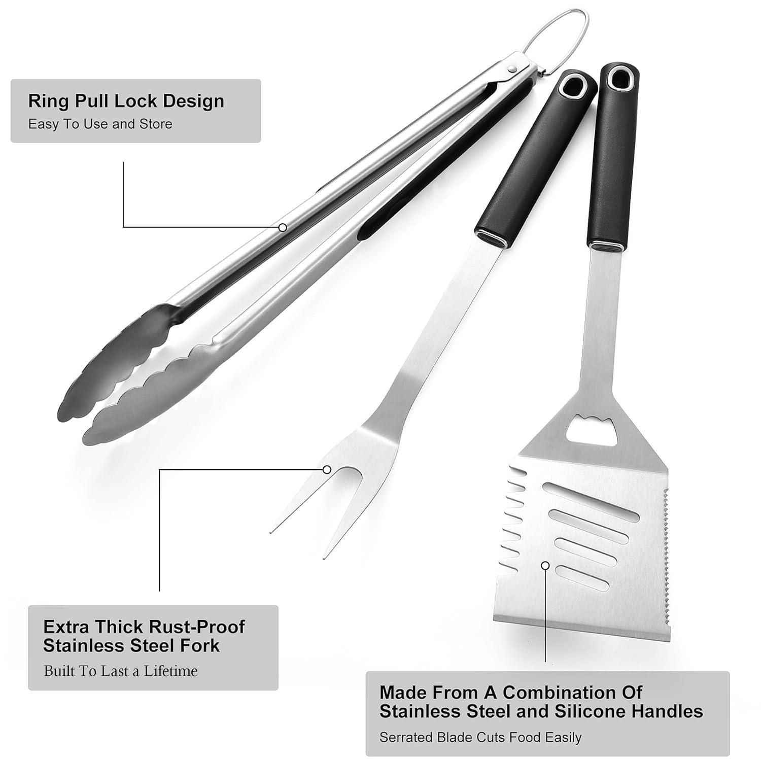 Griddle Accessories Kit - Grilling Accessories, Stainless Steel Heavy Duty Grill Tools Set with Spatula, Fork, Tongs and Gift-Box for Outdoor Barbecue, Home Grill (3PCS)