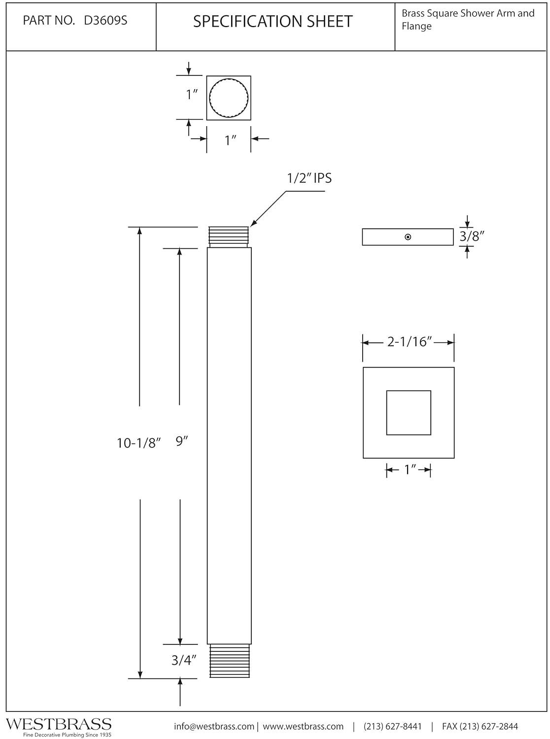 1/2" IPS Square Ceiling Mount Shower Arm & Flange