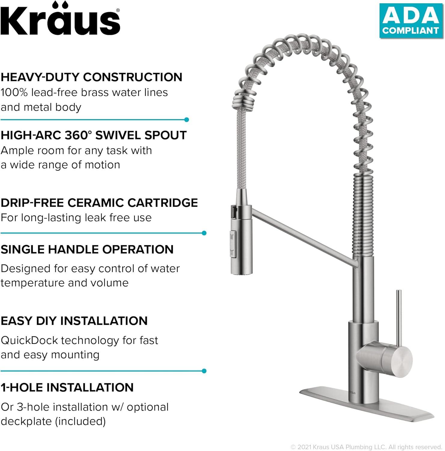 KRAUS Oletto Commercial Style Single Handle Pull Down Kitchen Faucet with QuickDock Top Mount Installation Assembly