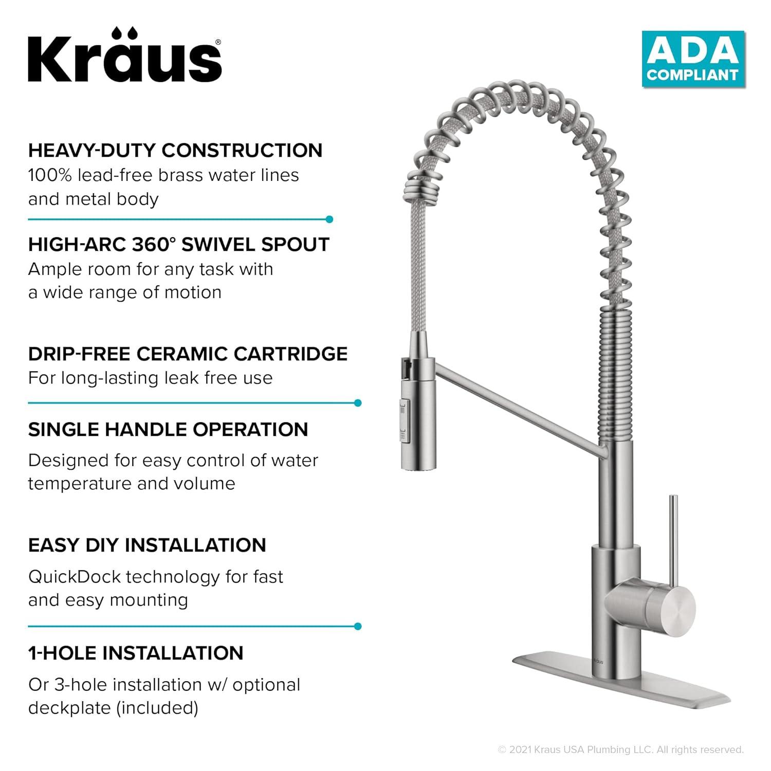 KRAUS Oletto Commercial Style Single Handle Pull Down Kitchen Faucet with QuickDock Top Mount Installation Assembly