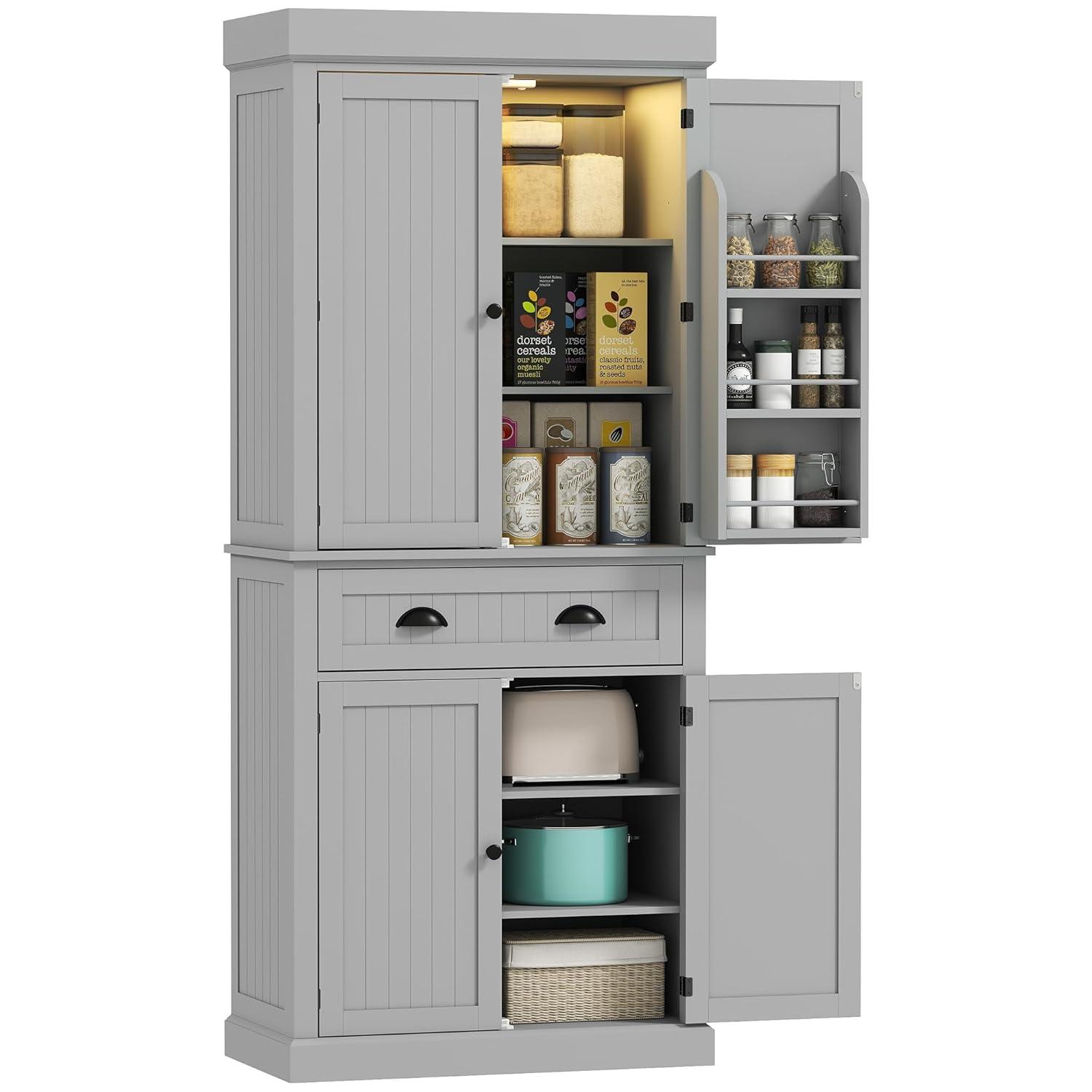 HOMCOM 71" LED Kitchen Pantry Cabinet, Tall Storage Cabinet with 6 Door Shelves, a Drawer and 4 Adjustable Shelves, Gray