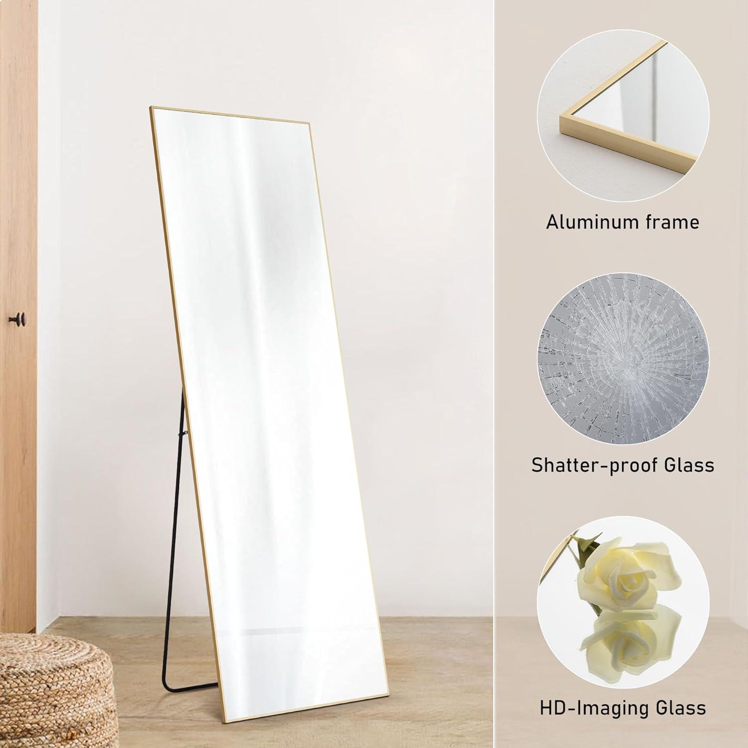 Full Length Mirror 64"x21" for Bedroom, Full Body Mirror with Stand, Hanging or Leaning for Wall, Aluminum Alloy Thin Frame Floor Standing for Living Room, Tall, Black