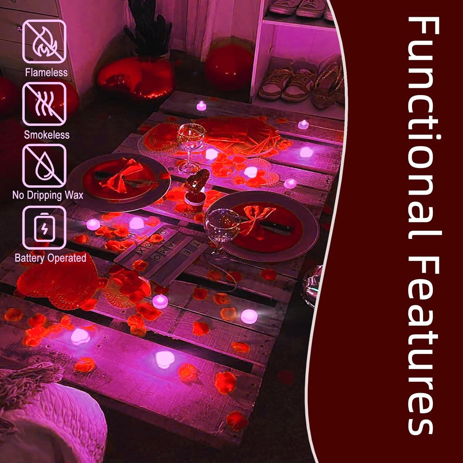 Red Flameless LED Tealights with Artificial Rose Petals Kit