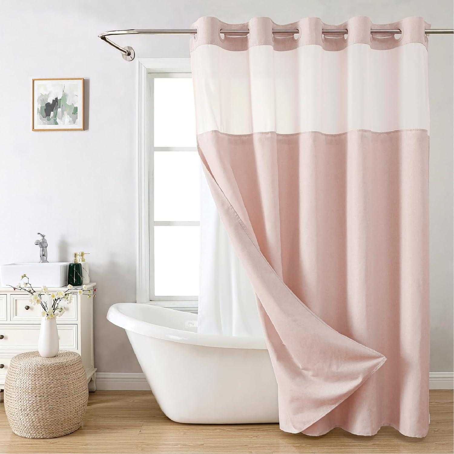 No Hooks Needed Linen Textured Shower Curtain with Snap-in Fabric Liner Set,with Mesh Top Window