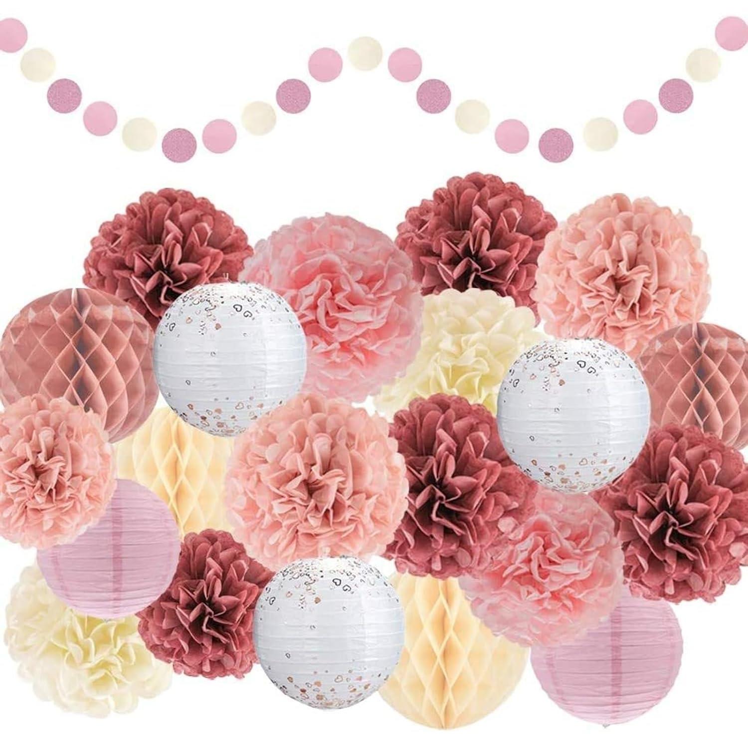EpiqueOne 22-Piece Tissue Paper Pom Poms and Paper Lantern Party Kit - Add a Splash of White, Pink, & Mauve to Your Celebrations!