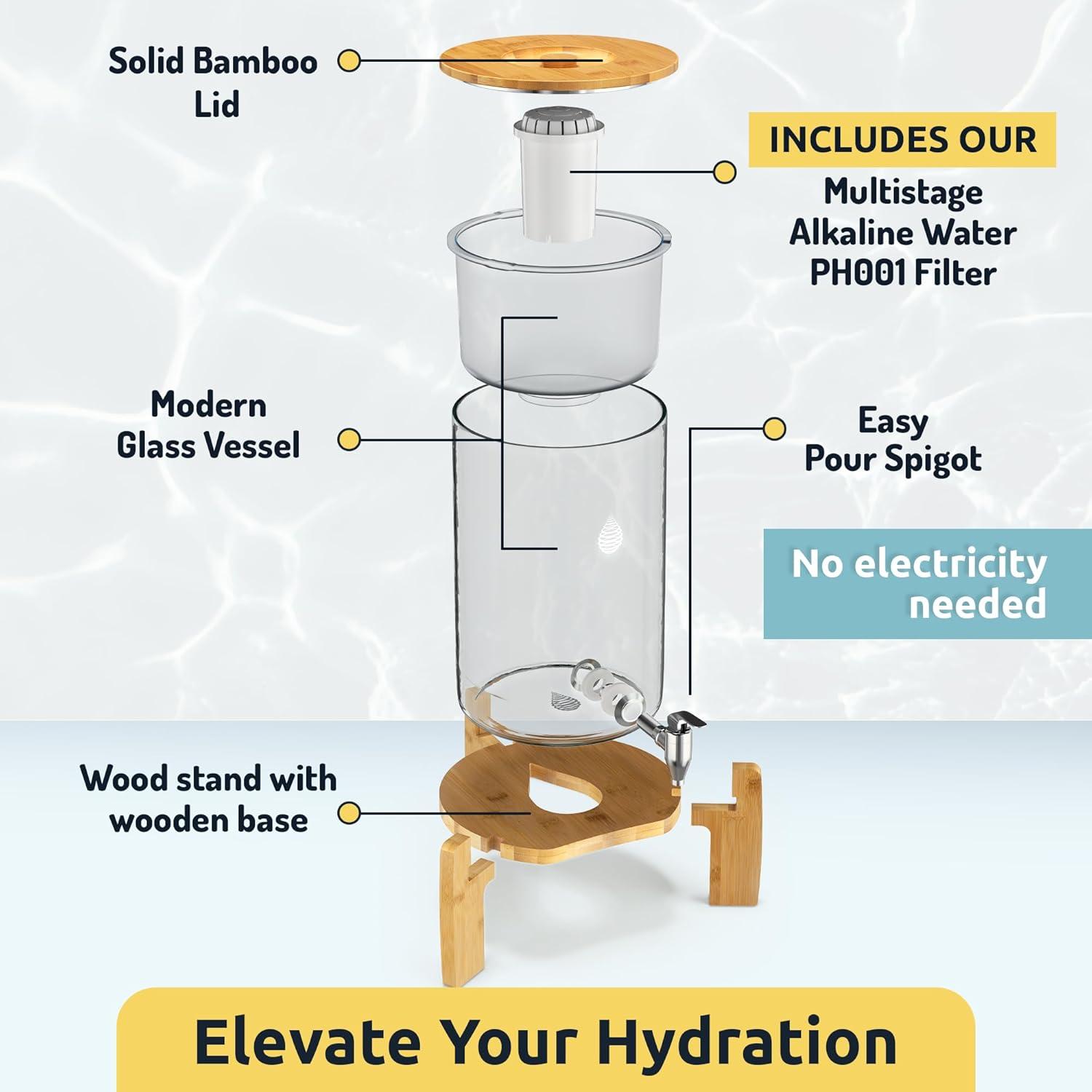 Invigorated Water pH Recharge Alkaline Water Filter Dispenser – BPA-Free Glass Countertop Water Filter Pitcher Purifier for Home & Office, 36-Cup Capacity, 360L Long Filter Life (Bamboo/Marble)