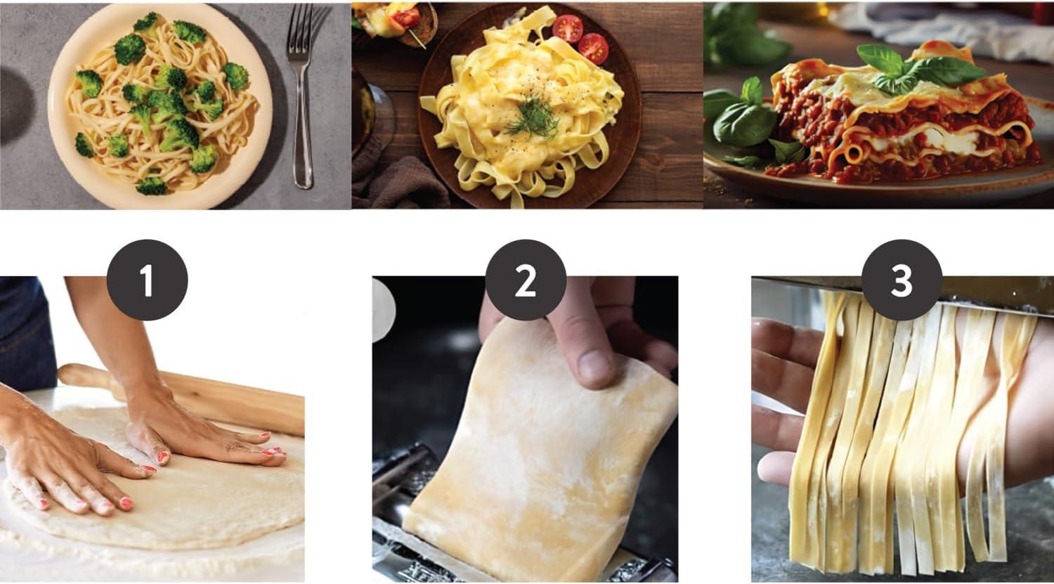 JS Gourmet - Manual Pasta Machine in Stainless Steel, 2 Adjustable Cutting Rollers, Red