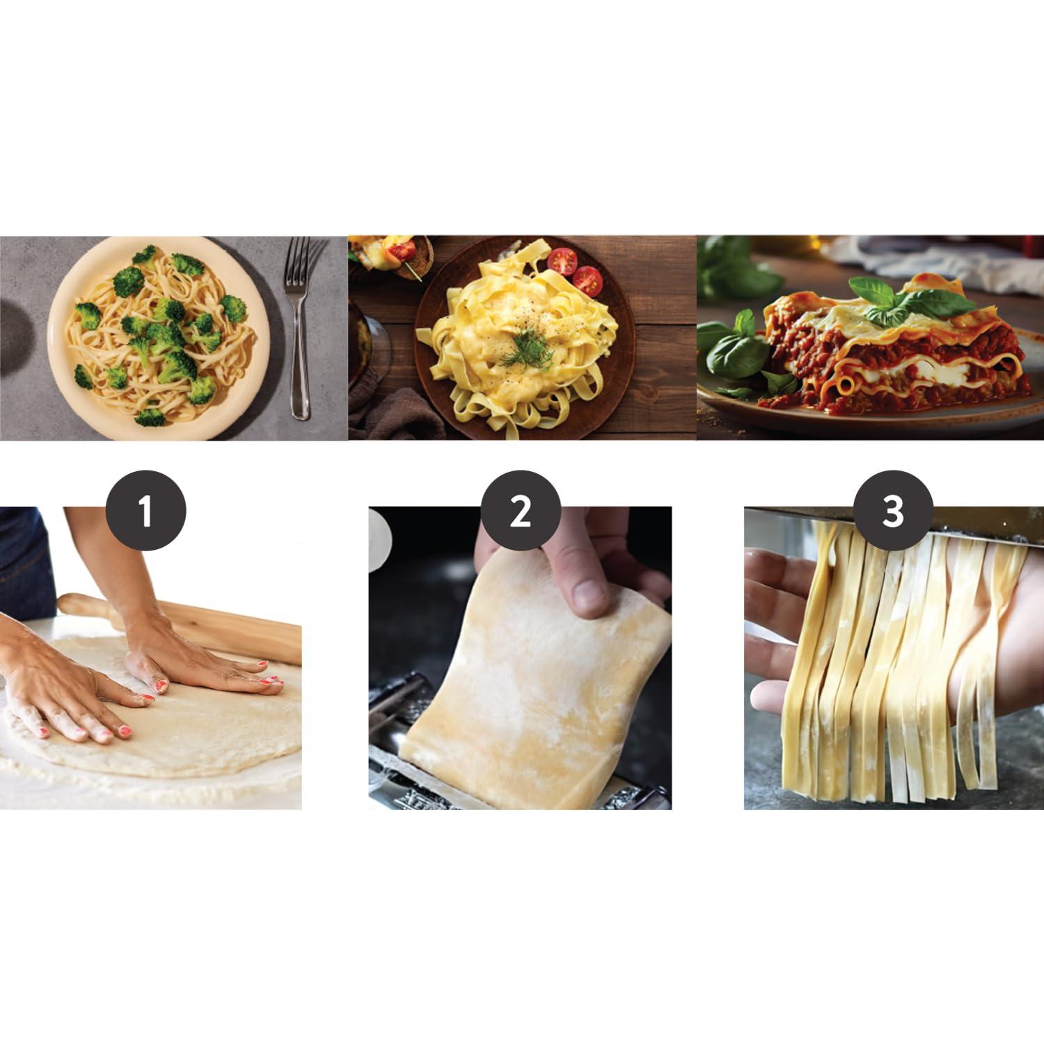 JS Gourmet - Manual Pasta Machine in Stainless Steel, 2 Adjustable Cutting Rollers, Red