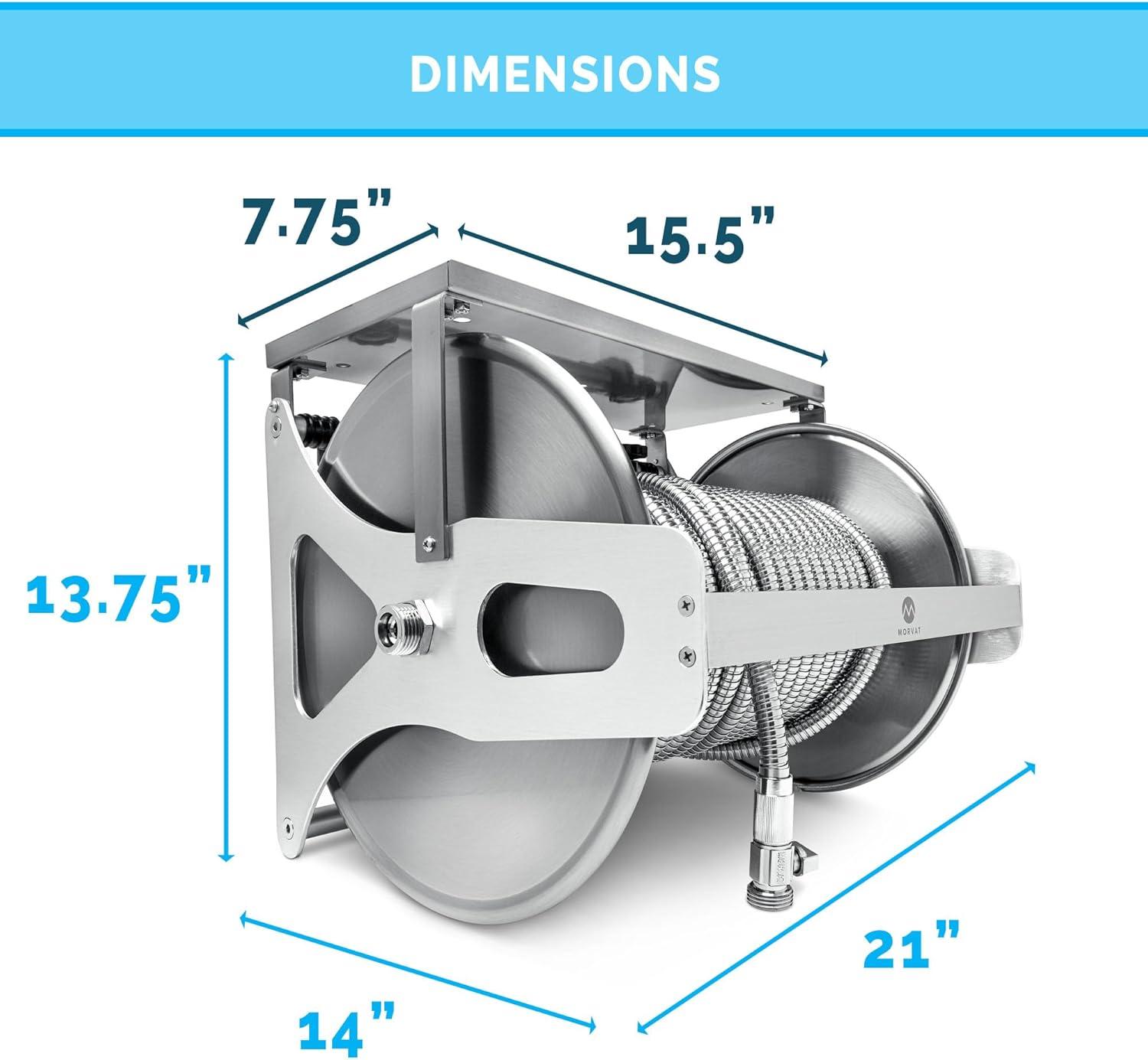 Stainless Steel Wall-Mount Hose Reel with Crank and Shelf