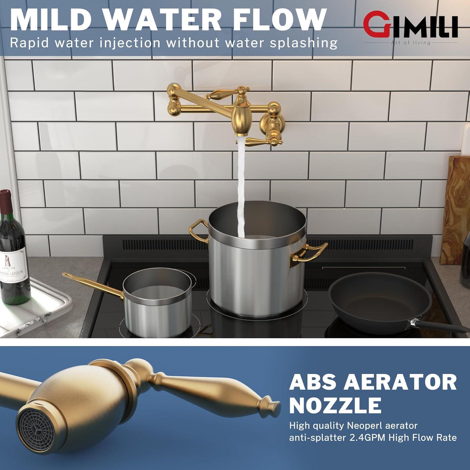 GIMILI Pot Filler Brushed Gold Kitchen Sink Pot Filler Faucet Wall Mount Kitchen Faucets Over Stove Faucet Brass Folding Faucet with Double Joint Swing Arms