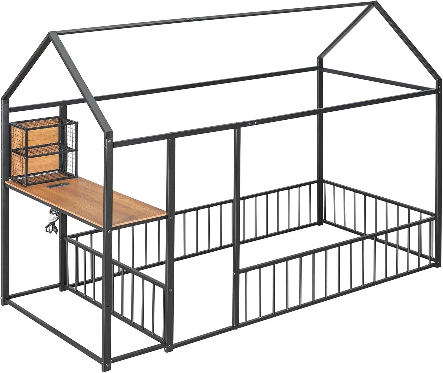 Full Floor Bed with Door and Fence, Metal Montessori Bed Full Size, Kids Montessori Floor Bed with Roof/House for Kids, Girls, Boys, White