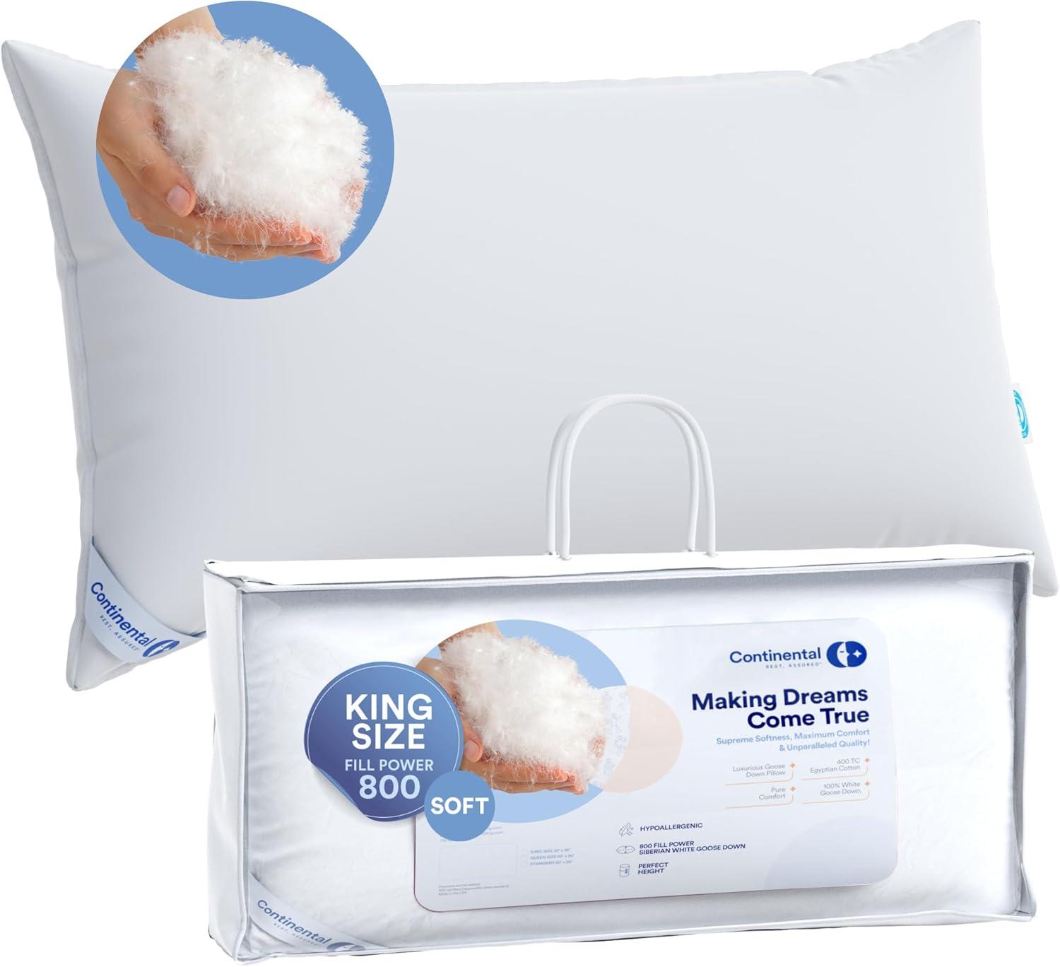 Continental Bedding Siberian 800FP 100% Goose Down Pillow Soft Support King Size Pack of 1