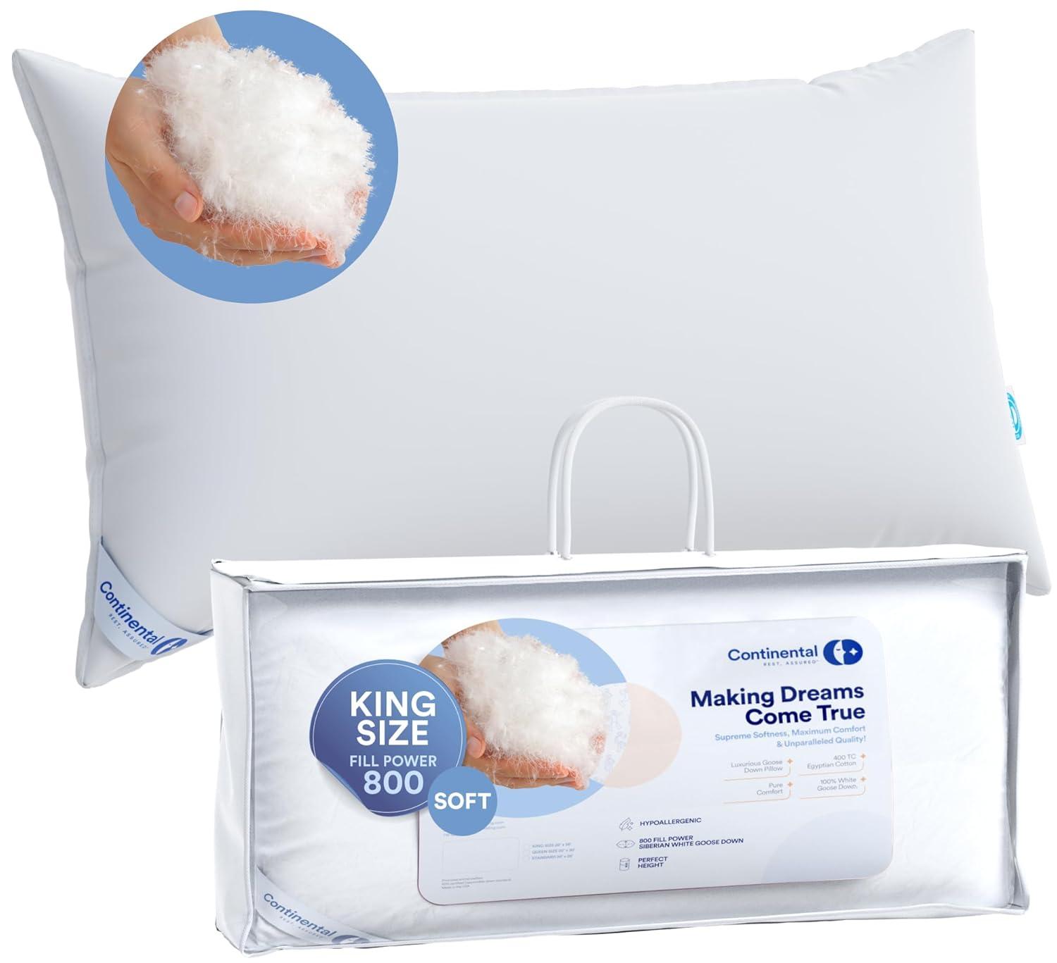 Continental Bedding Siberian 800FP 100% Goose Down Pillow Soft Support King Size Pack of 1
