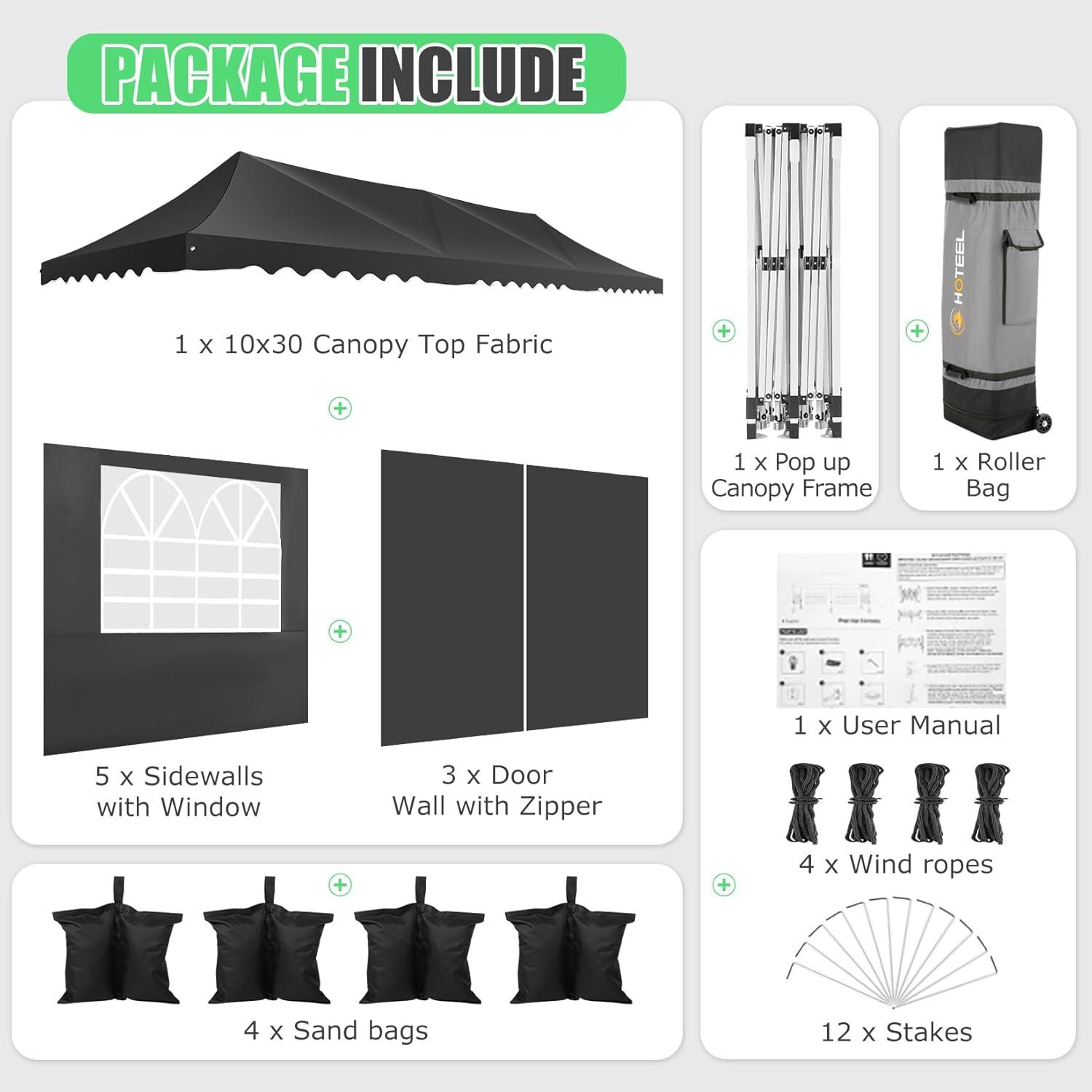 HOTEEL 10x30 Pop Up Canopy Tent with 8 Sidewalls,Heavy Duty Wedding Event Tents,Party Gazebo with Roller Bag,UPF 50+ Windproof Waterproof,Black