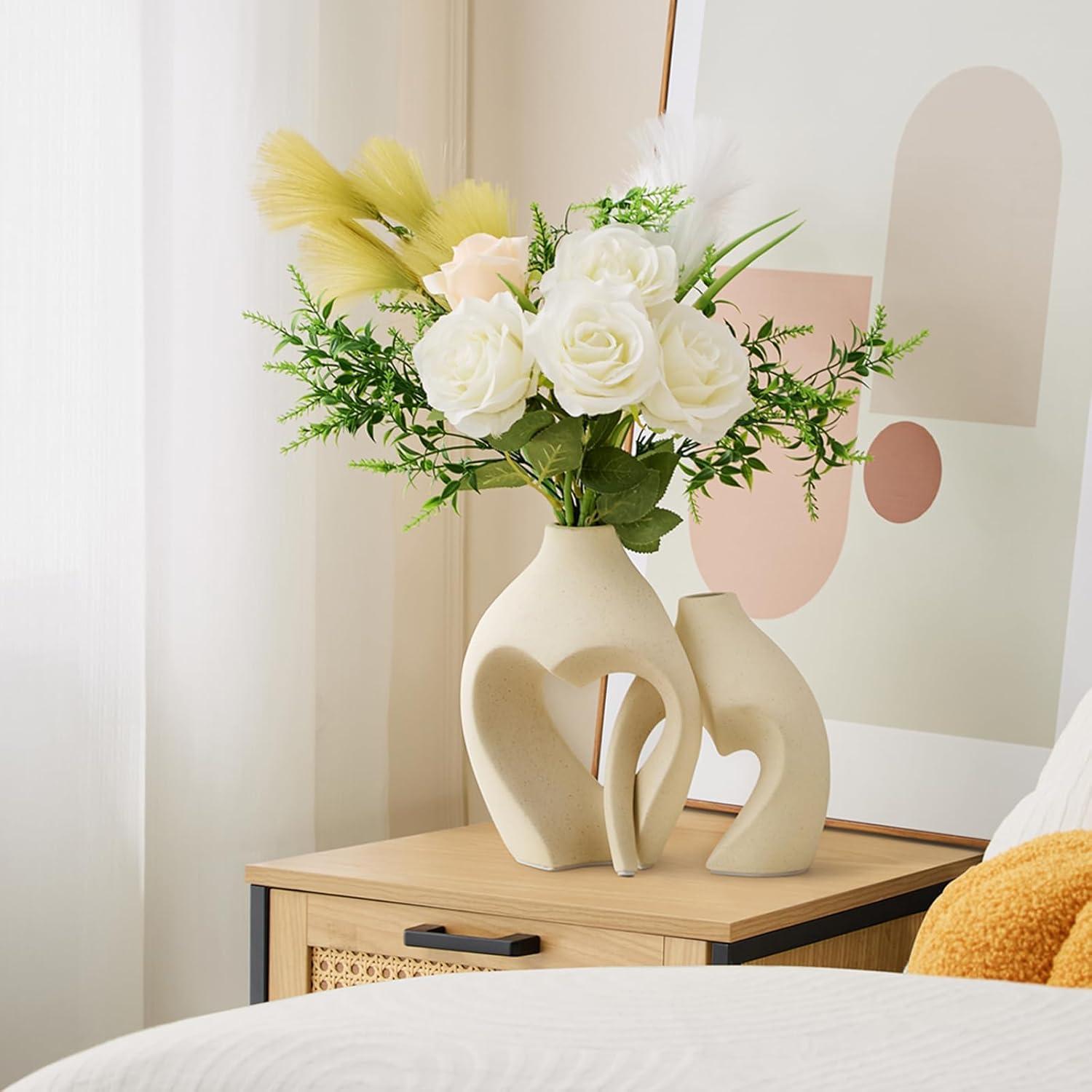 Ivy Bronx White Vases For Decor, Heart Shaped Ceramic Vase Set Of 2, Nordic Heart Shaped Vases, Minimalist Decorative Vase For Table Centerpiece Wedding Dining Living Room Office House Decoration