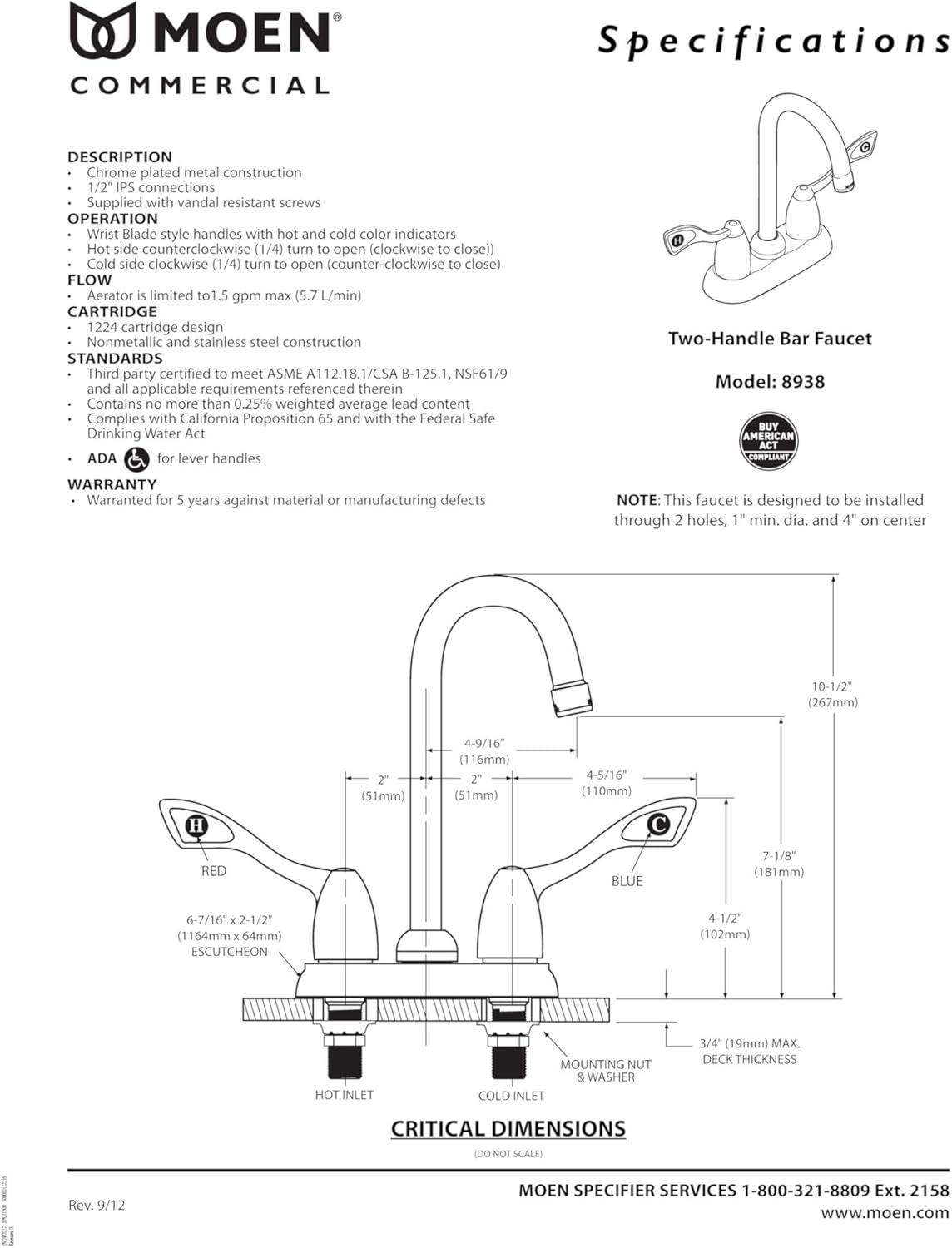 Commercial High-Arc Chrome Bar Faucet with Ceramic Disc Cartridges