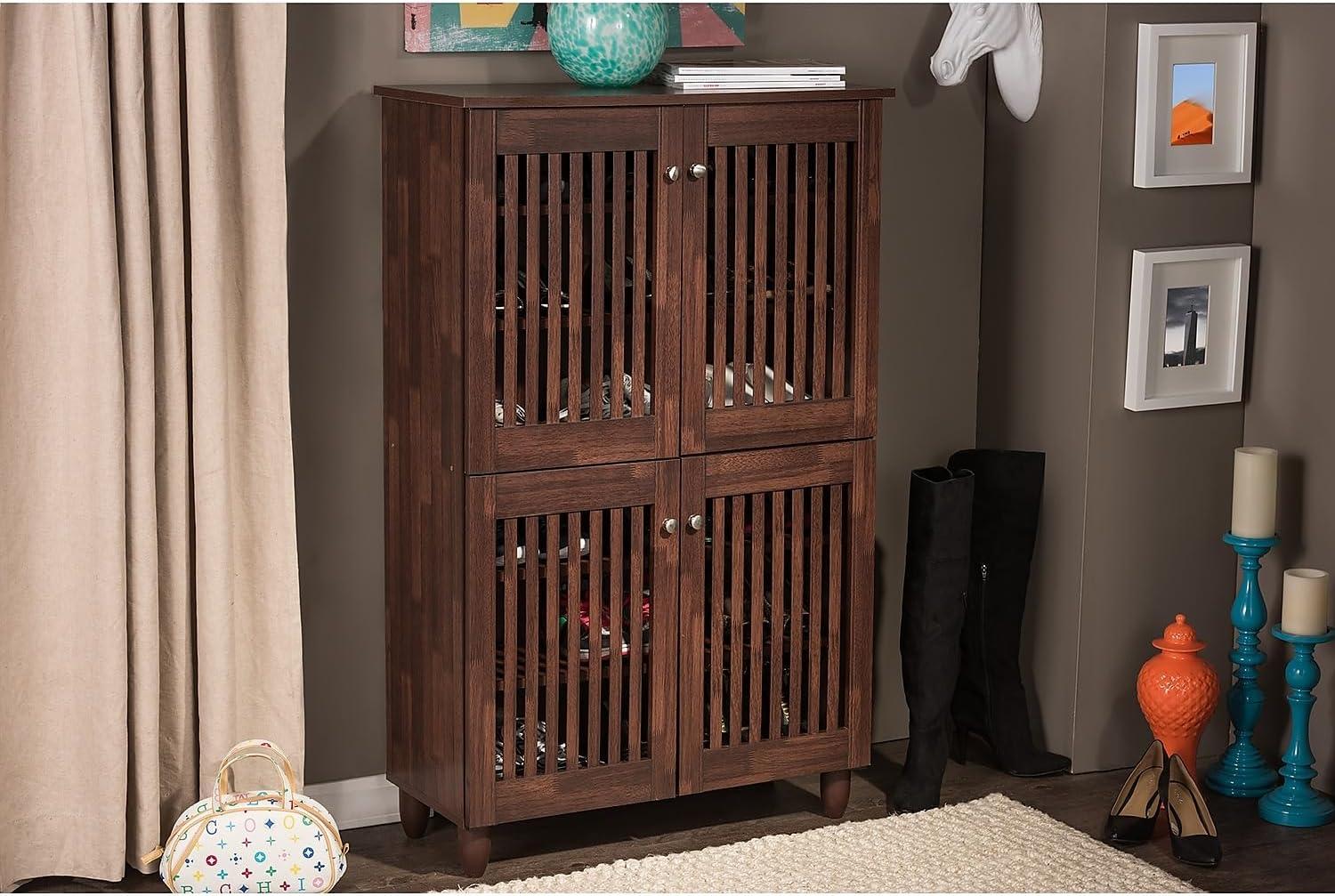 Fernanda Modern and Contemporary 4-Door Wooden Entryway Shoes Storage Tall Cabinet - Oak Brown - Baxton Studio