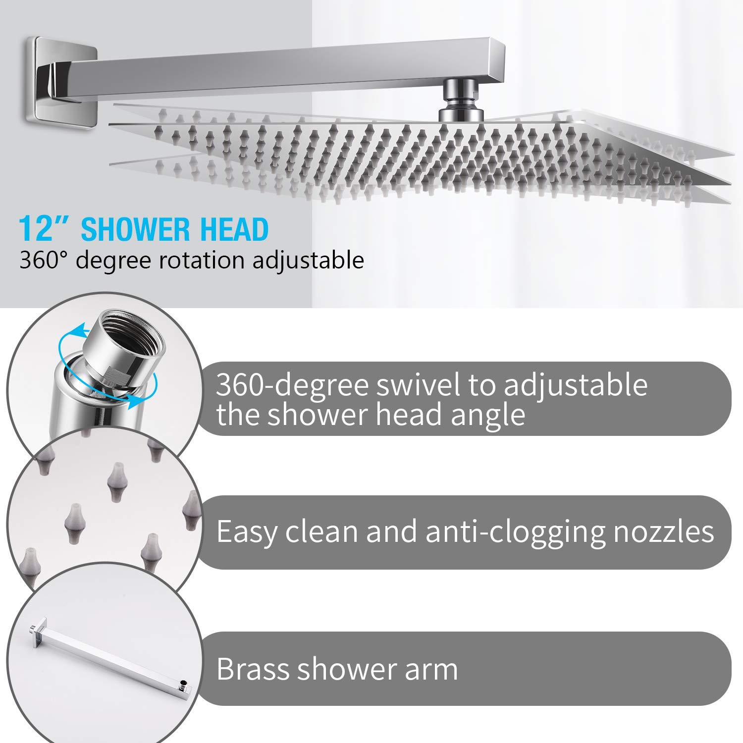 Qomolangma 12 inch Rain Shower System, Bathroom Shower Faucet Set with Pressure Balance Valve, Wall Mounted 2-Functions Shower Systems with Rain Shower and Handheld Spray Shower Trim Included