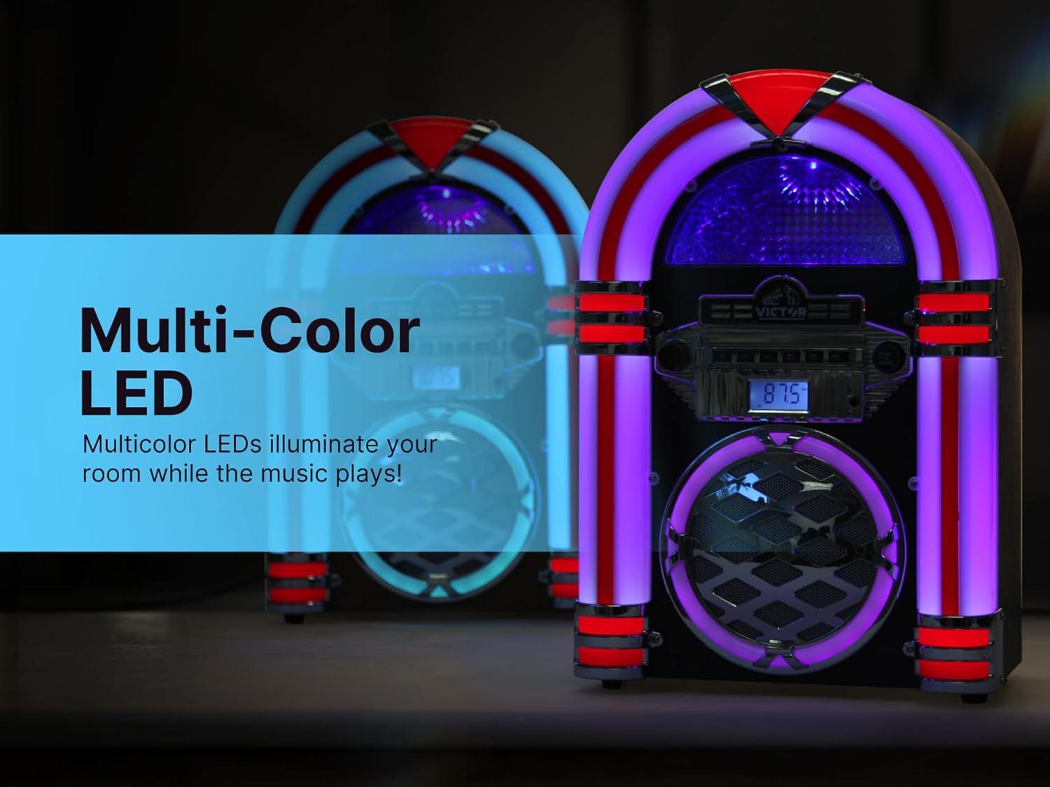 Victor Bluetooth Jukebox Speaker with FM Radio & Multicolor LED Lighting