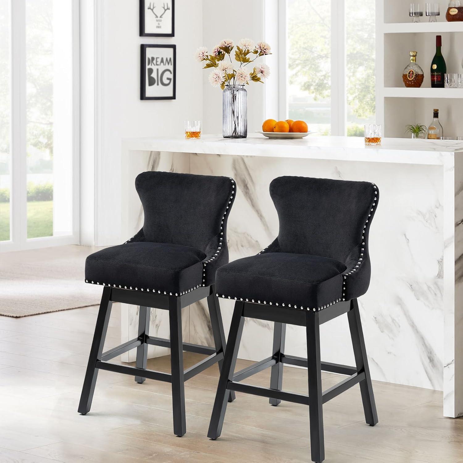 ECOTOUGE Swivel Bar Stools Set of 2, 26" Seat Height Kitchen Stools with Back & Wood Legs, Velvet Upholstered Counter Stools with Pull Ring for Kitchen Island, Dining Room, Pub & Cafe, Black