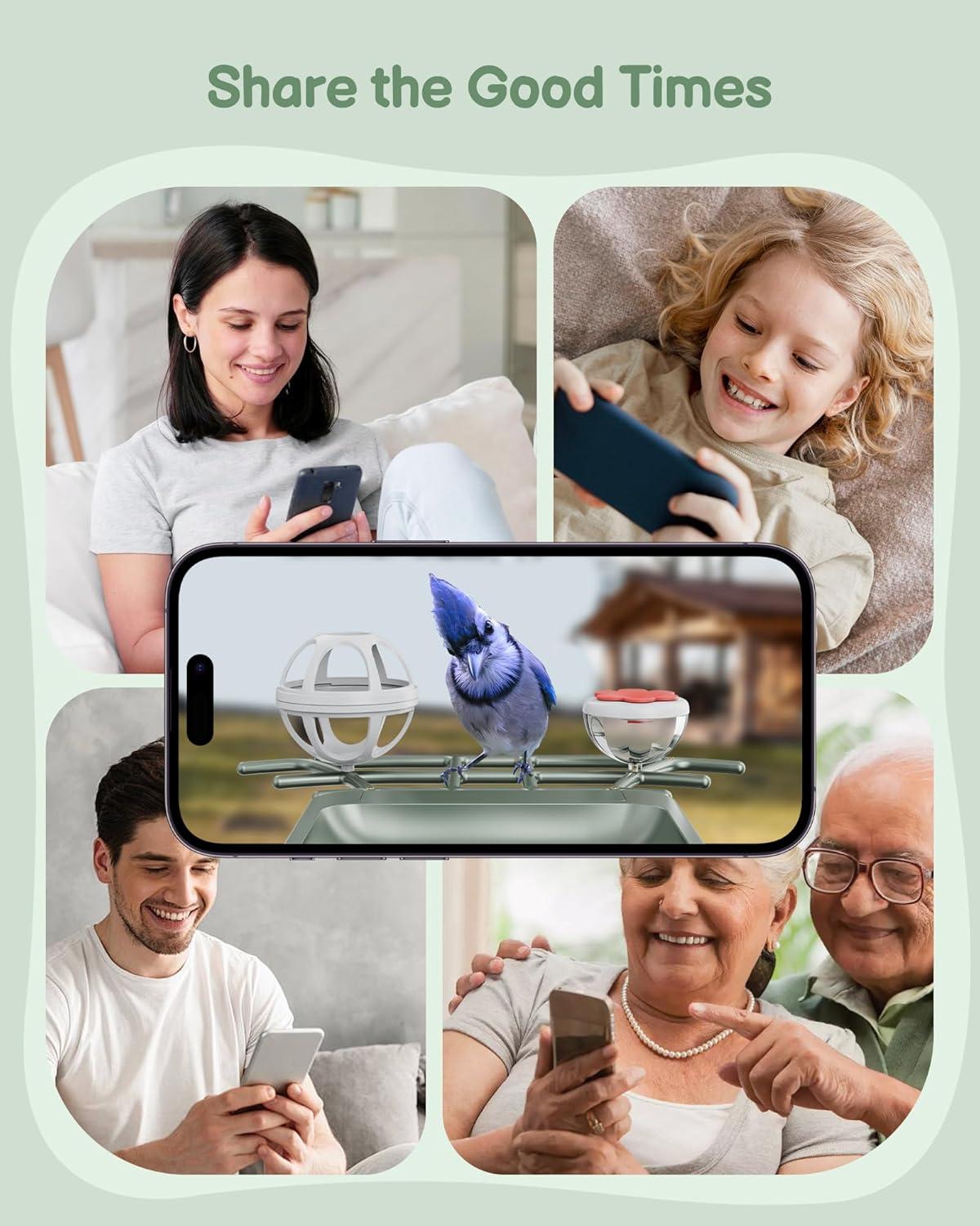 Solar-Powered Green and Red Bird Feeder with 2K HD Camera