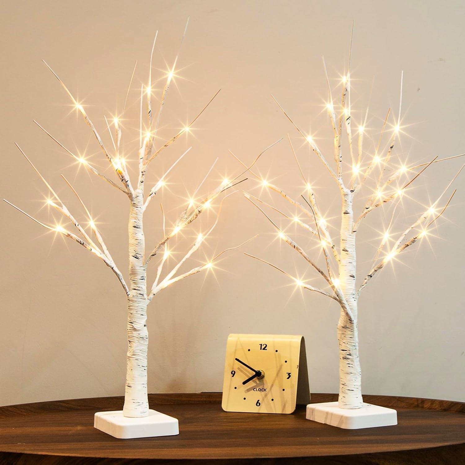 The Holiday Aisle® White Birch Tree With LED Lights - Set Of 2, LED Tabletop Tree With Timer, Christmas Decorations Lighted Tree For Indoor Mantel Home Decor (2 FT, 24 LED)