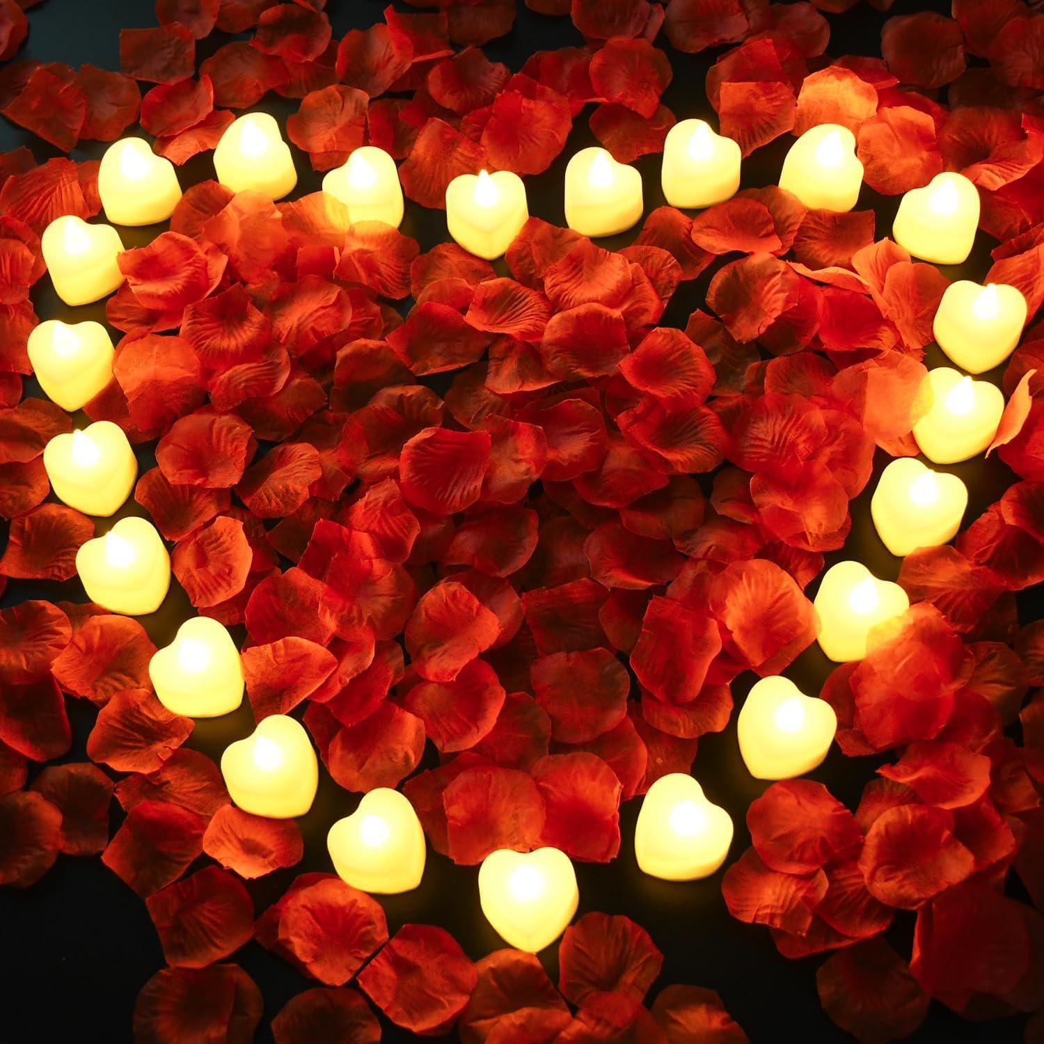 Red Flameless LED Tealights with Artificial Rose Petals Kit