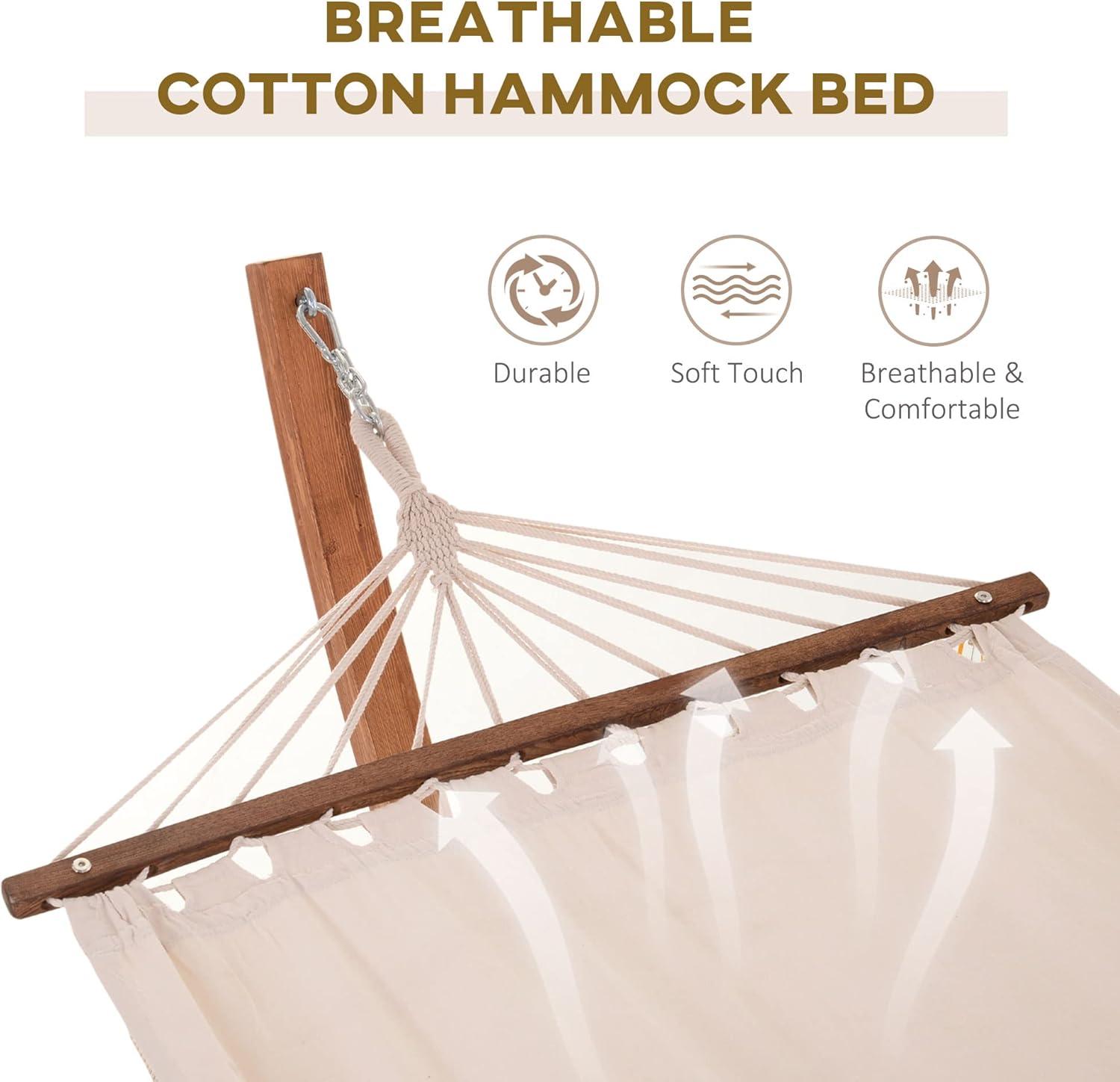 Outsunny Outdoor Hammock with Stand, Heavy Duty Wooden Frame, No Tree Needed, Indoor Outside Boho Style Nap Bed, Natural Cotton, White