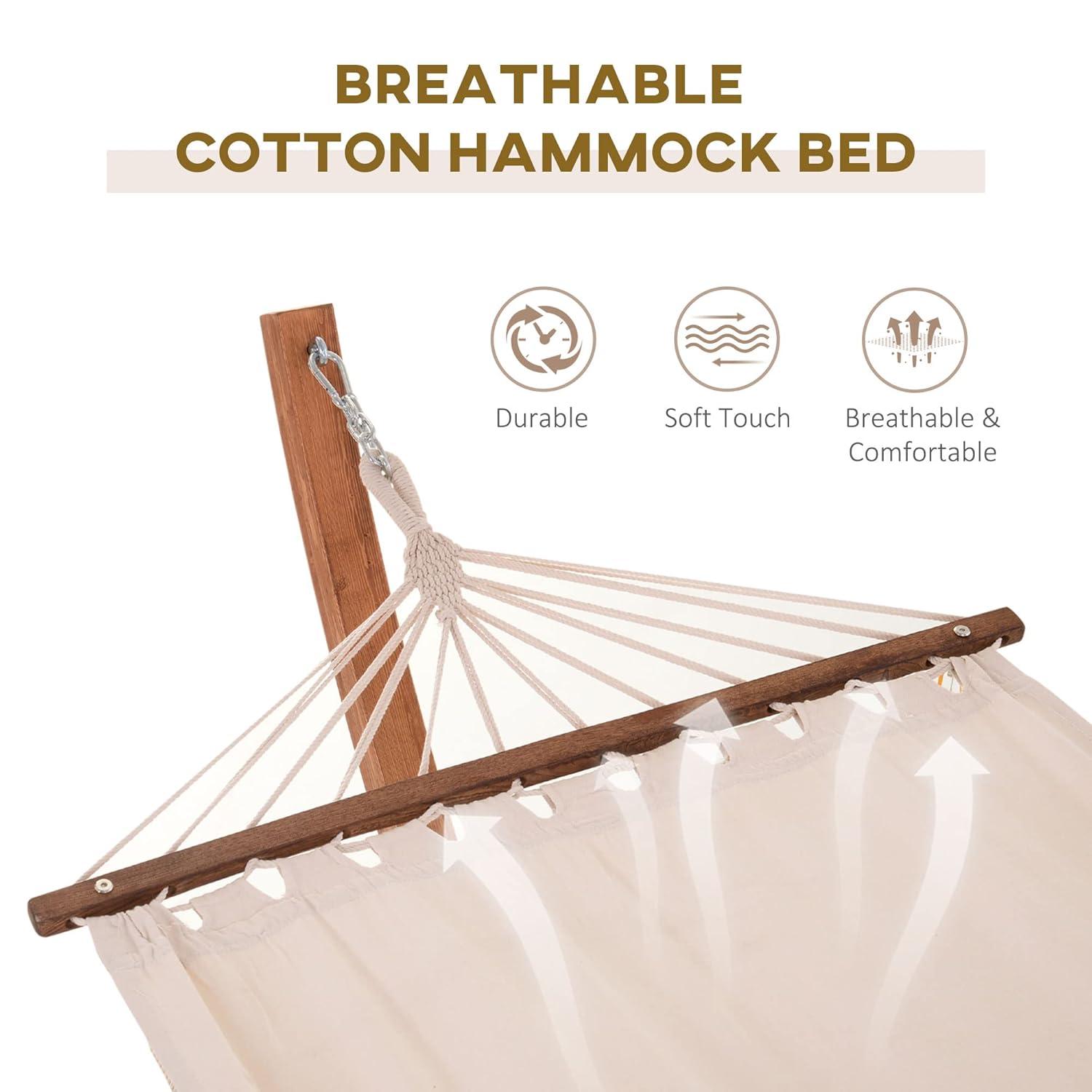 Outsunny Outdoor Hammock with Stand, Heavy Duty Wooden Frame, No Tree Needed, Indoor Outside Boho Style Nap Bed, Natural Cotton, White