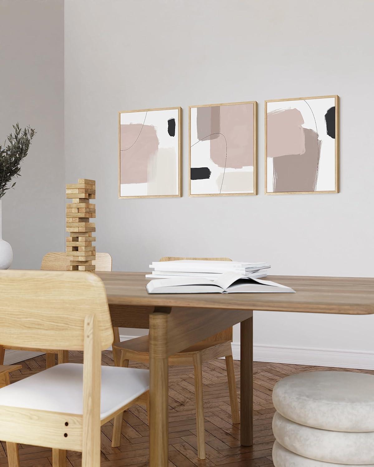 Beige and Black Abstract Minimalist Wall Art Set with Oak Frames