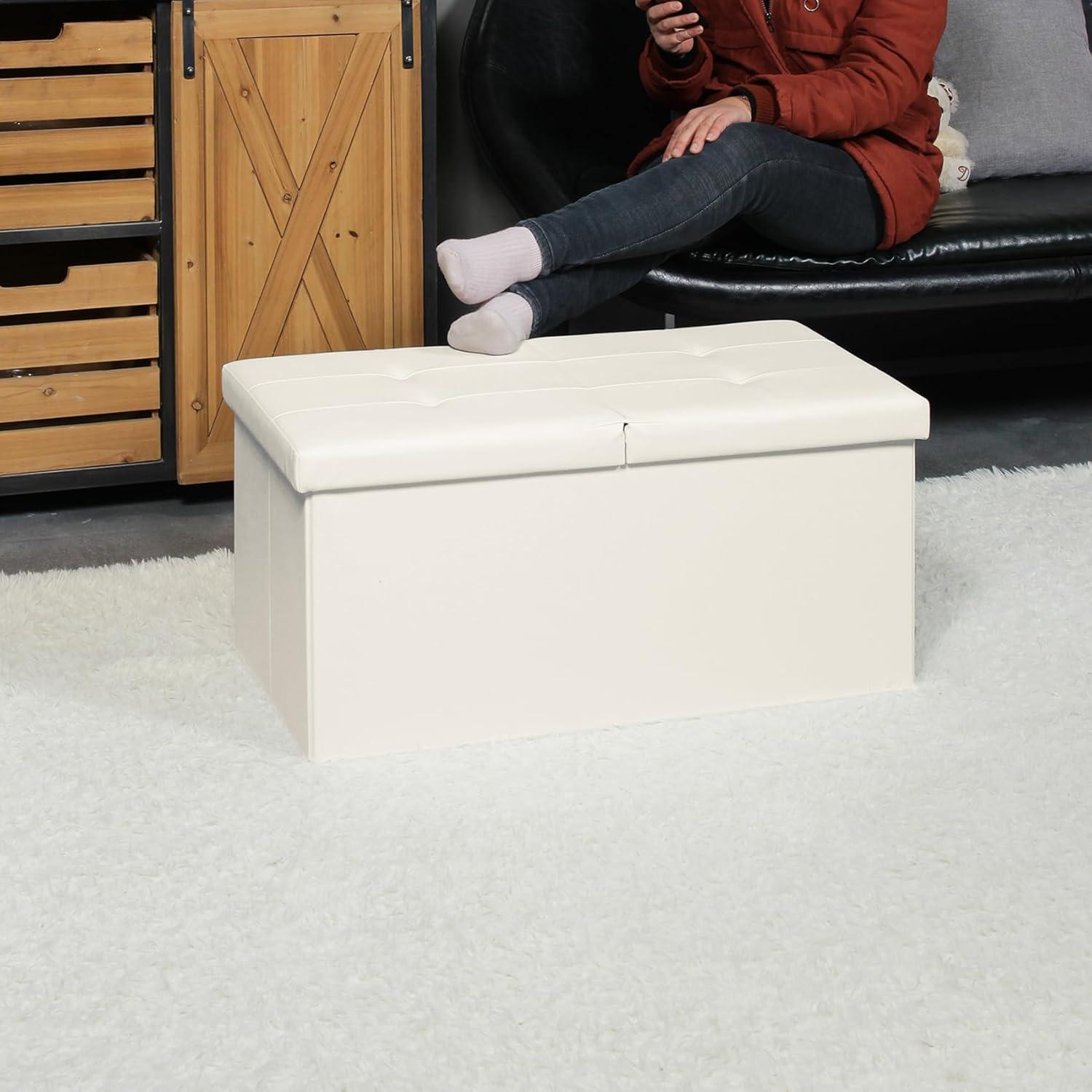 SONGMICS 30 Inches Folding Storage Ottoman Bench with Flipping Lid White