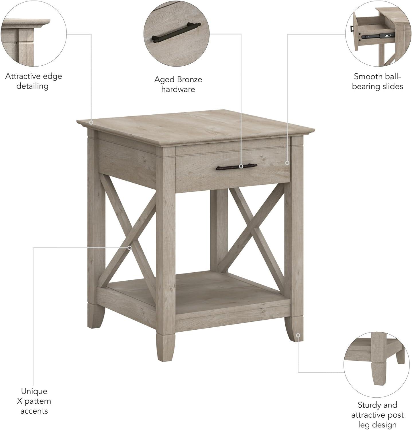 Key West End Table with Storage Washed Gray - Bush Furniture: Coastal Style, Drawer & Shelf