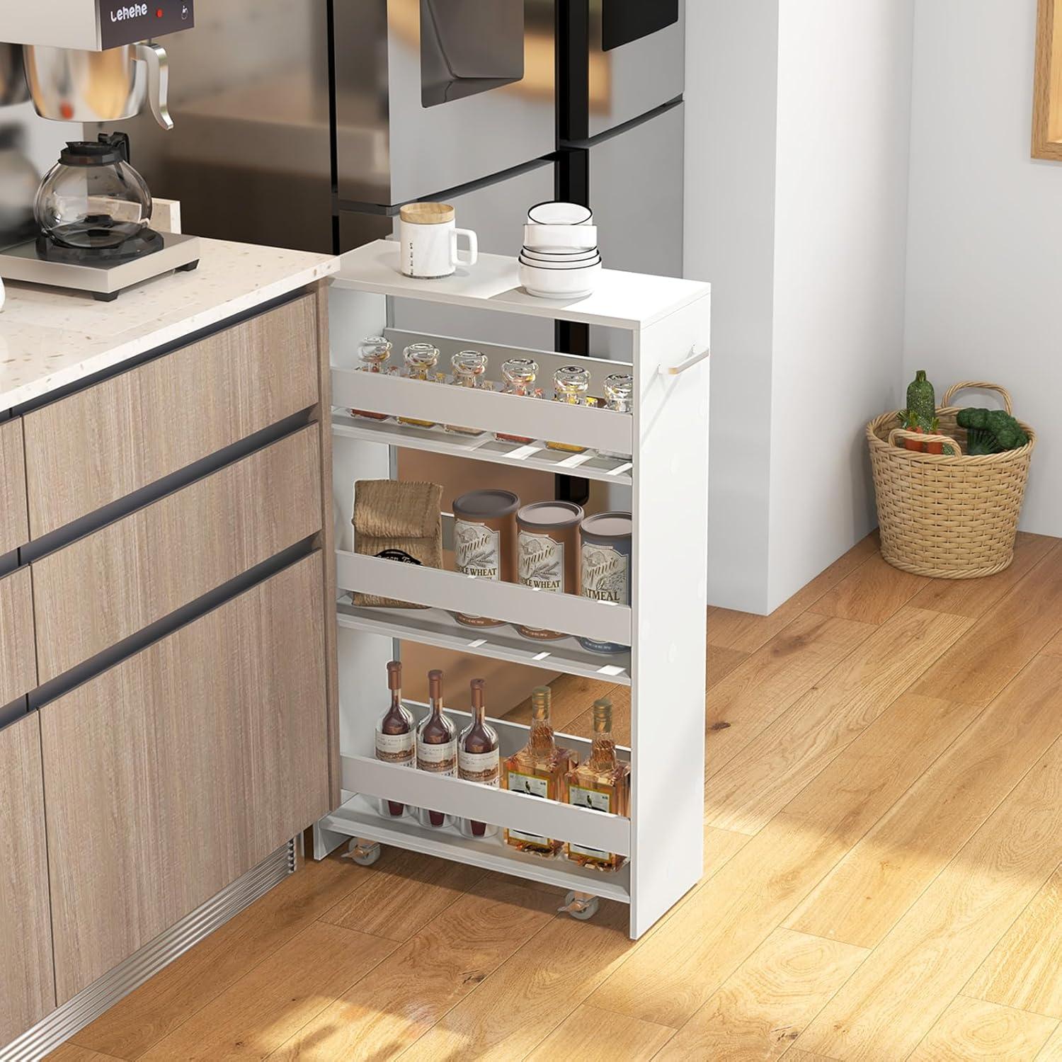 White Slim Rolling Kitchen Cart with Multi-Tier Storage