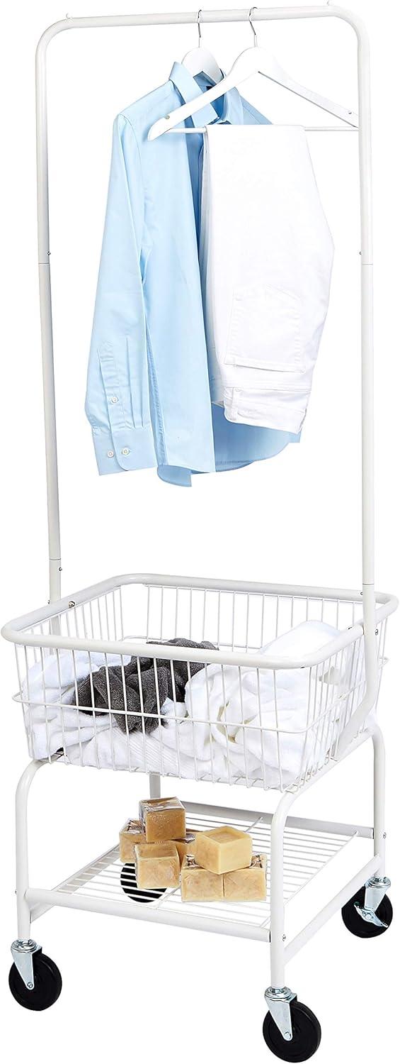 Rectangular Laundry Hamper Basket Butler Cart with Wheels and Hanging Rack, White