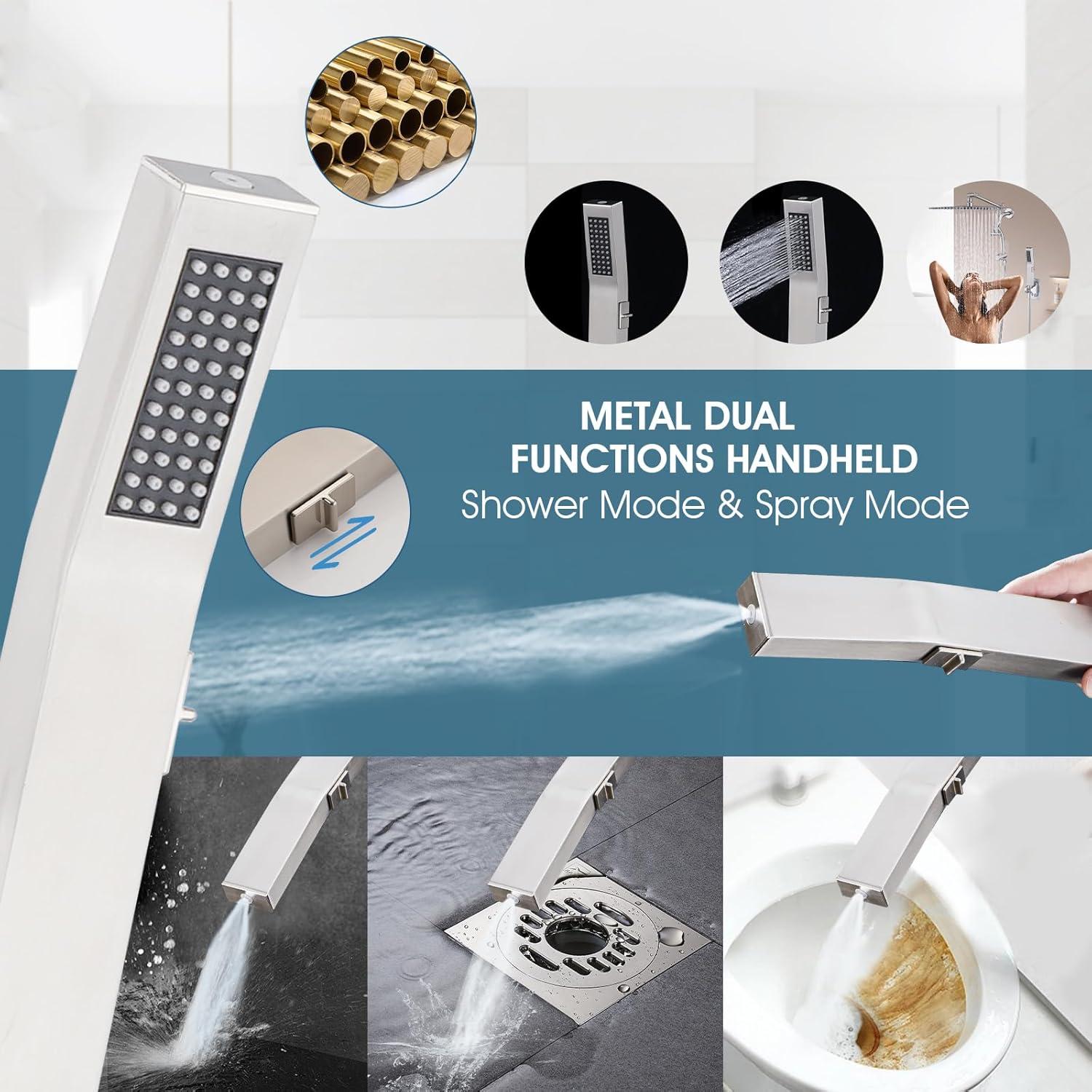 PDPBath All Metal 12'' Rainfall Shower Head with Handheld Combo, Upgrade 3-Way Diverter with Pause Setting, High Pressure Rain Shower Head with Z-shaped Extension Arm, 59" Hose, Brushed Nickel