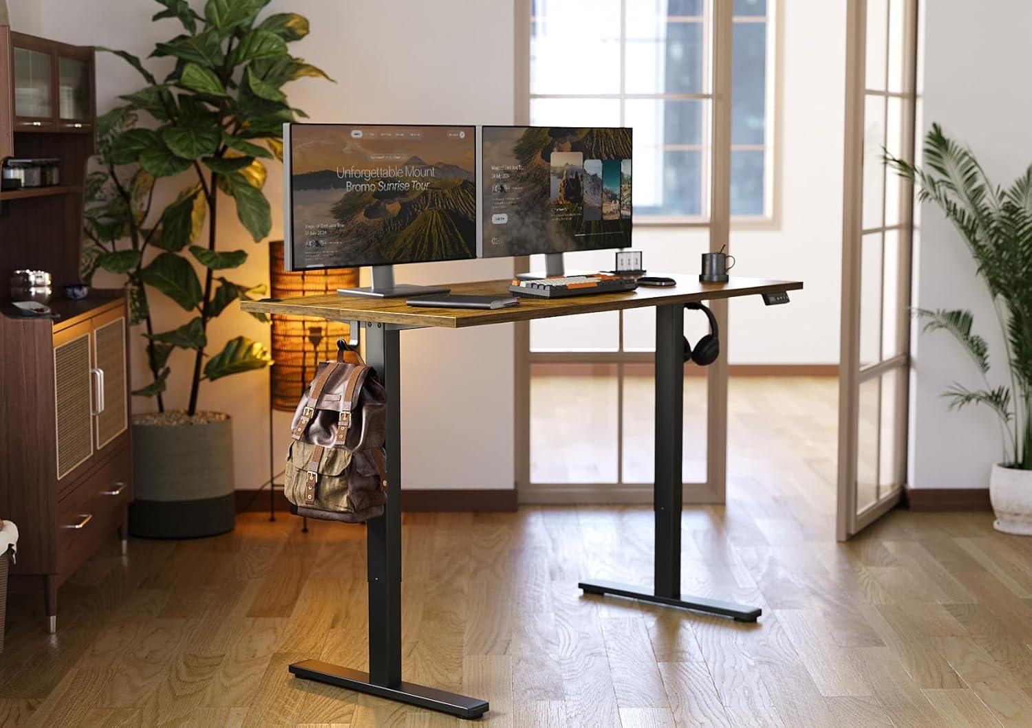 Rustic Brown Adjustable Height Standing Desk with Cup Holder and Headphone Hook