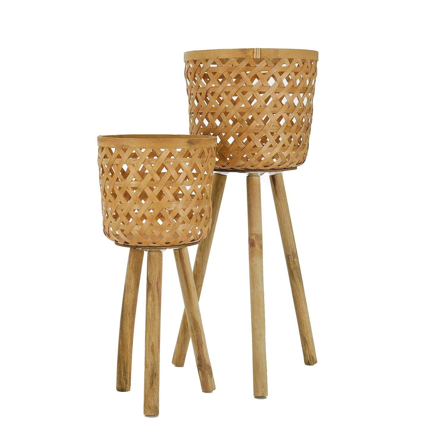 Sagebrook Home Set of 2 Bamboo Standing Planters on Wood Tripods, Indoor/Outdoor, Natural, 13 L x 13 W x 22 H Inches