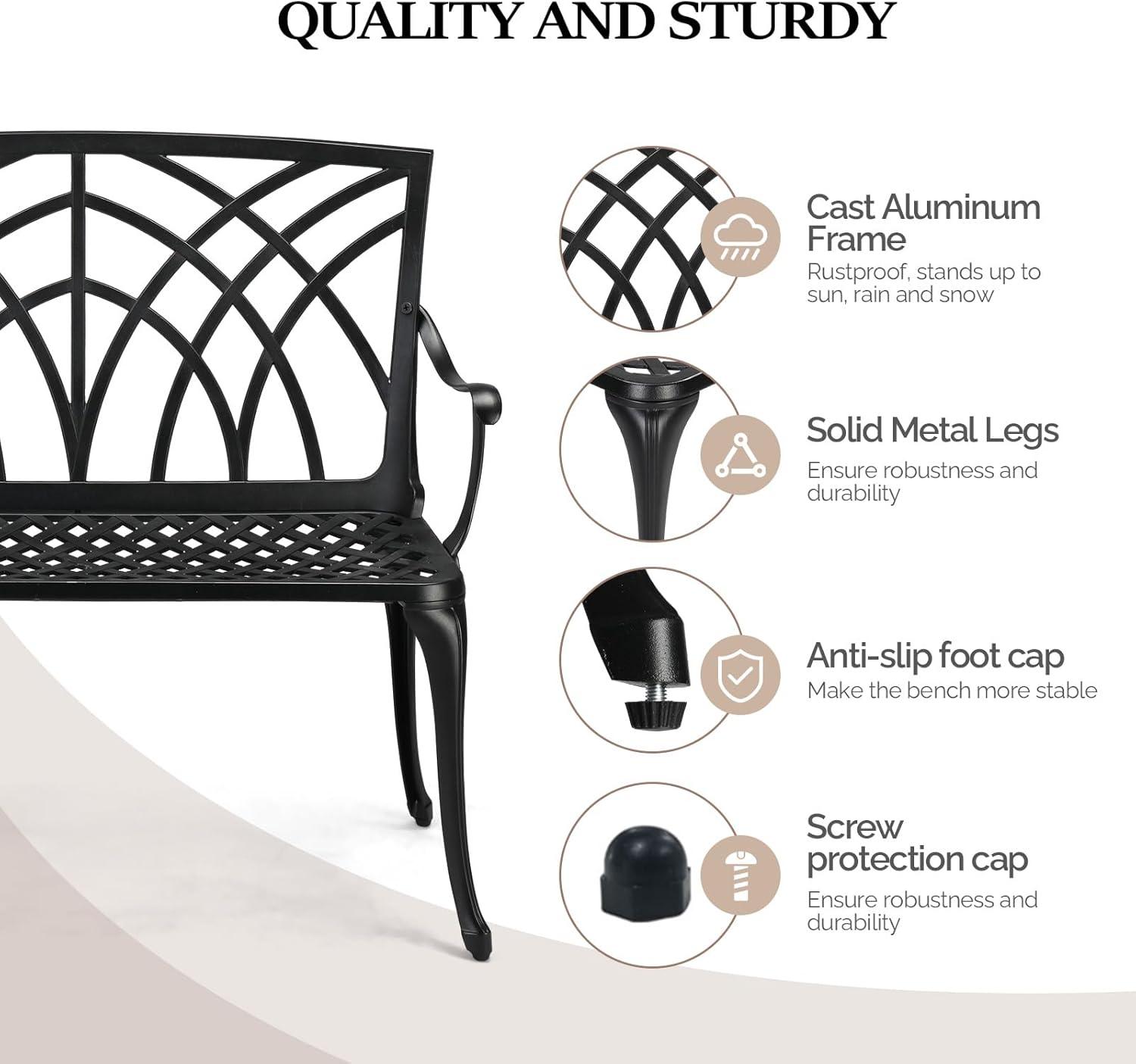 Black Cast Aluminum Outdoor Garden Bench with High Backrest