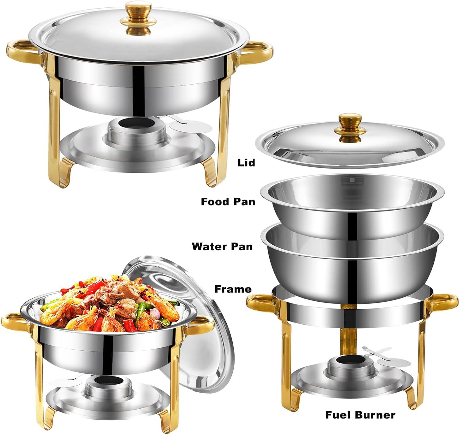 WhizMax Chafing Dish Buffet Set 2 Pack 5QT, Stainless Steel Round Chafing Dishes for Buffet with Lid Holder & Glass Lid, Gold