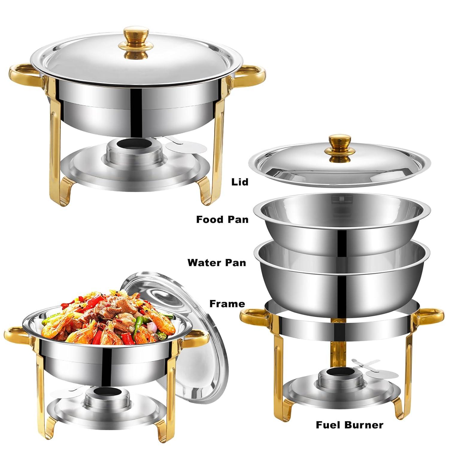 WhizMax Chafing Dish Buffet Set 2 Pack 5QT, Stainless Steel Round Chafing Dishes for Buffet with Lid Holder & Glass Lid, Gold