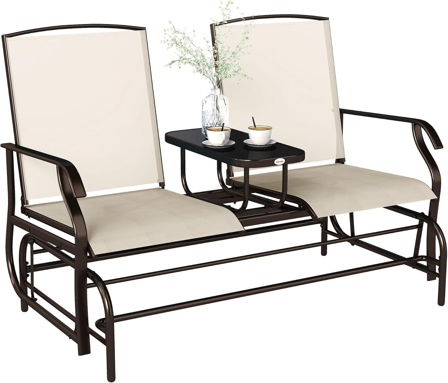 YYAo Outdoor Swing Rocker Glider Chair, Rocking Lounge Chair,Outdoor Glider Bench with Center Table,Patio Loveseat with Armrests, Beige