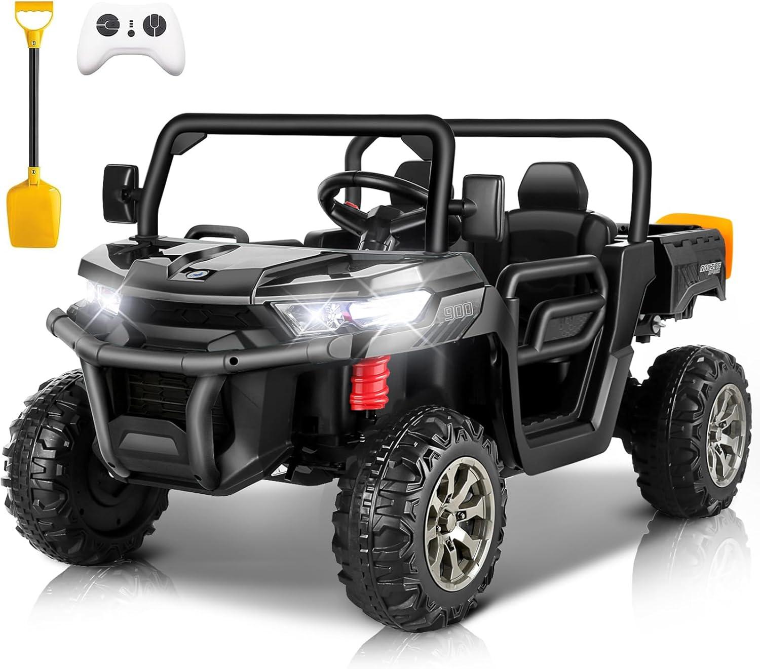JOYRACER 24V 2 Seater Ride On Dump Truck with Remote Control , Electric UTV Car with Electric Dump Bed, 4WD Power Ride Cars W/6 Wheels Ride On Toys with Shovel Music Player