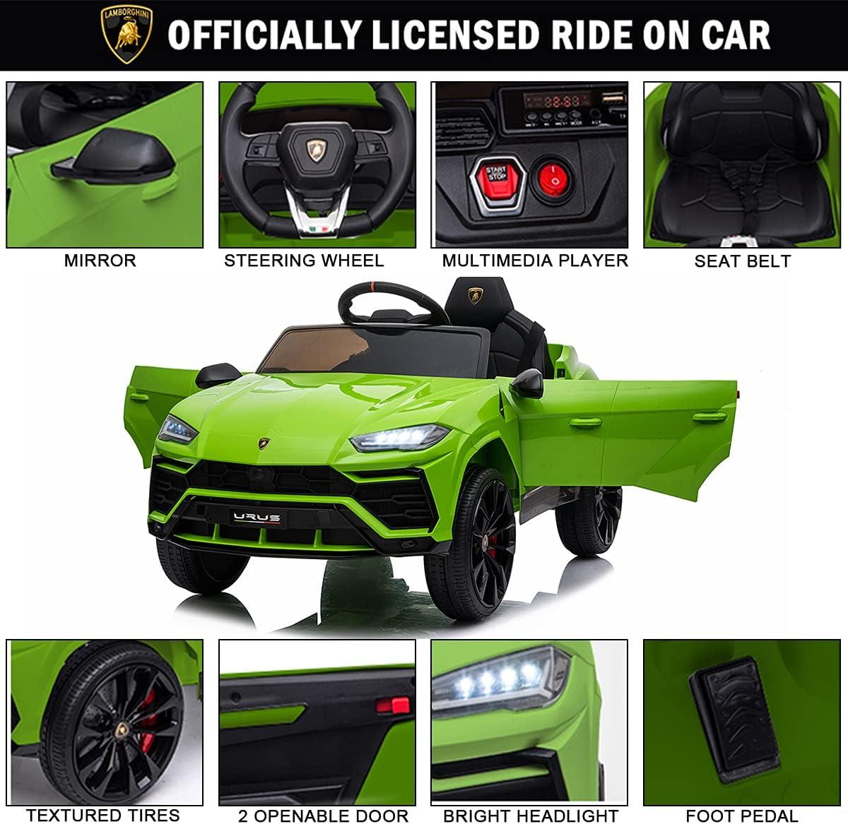 Licensed Lamborghini Urus Ride On Car Toy, 12V Battery Powered Electric Vehicle Kids Ride on Toy Parent Remote Control, Foot Pedal, Music, Aux, LED Headlights, 2 Speeds, Green